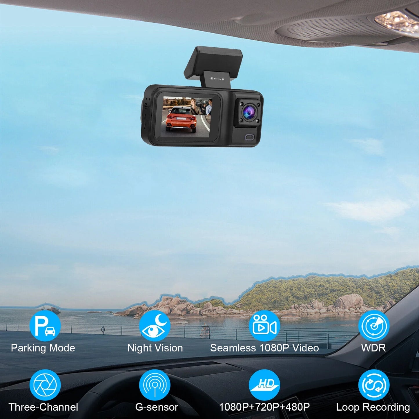 2" HD 1080P Car Dual Lens 170° Dash Cam 3 Channel Video Recorder Camera G-sensor