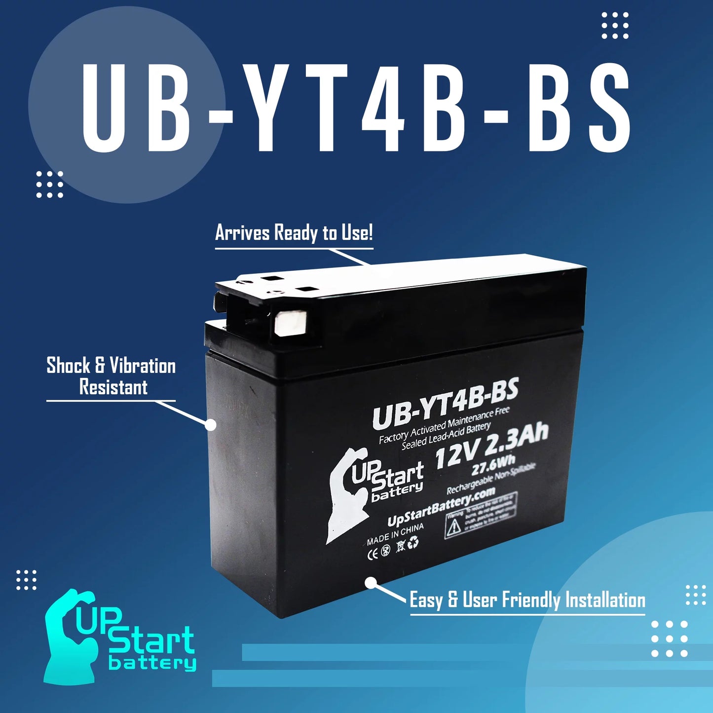 4-Pack UpStart Battery Replacement for 2012 Yamaha SR400 (FI) 400CC Factory Activated, Maintenance Free, Motorcycle Battery - 12V, 2.3Ah, UB-YT4B-BS