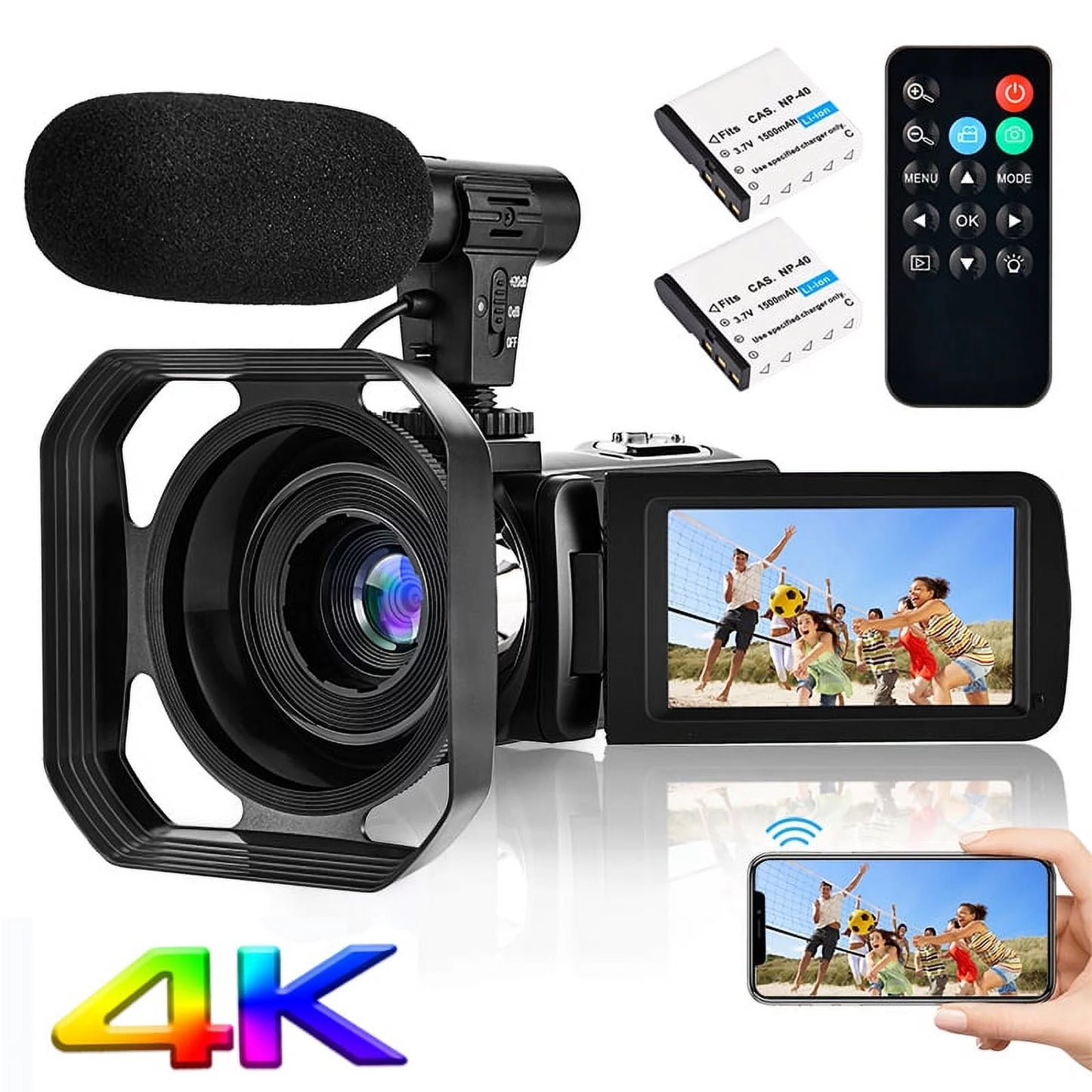 4K Camcorder Vlogging Camera for Youtube Ultra HD 48MP Video Camera with Microphone & Remote Control Wifi Digital Camera 3.0" IPS Touch Display