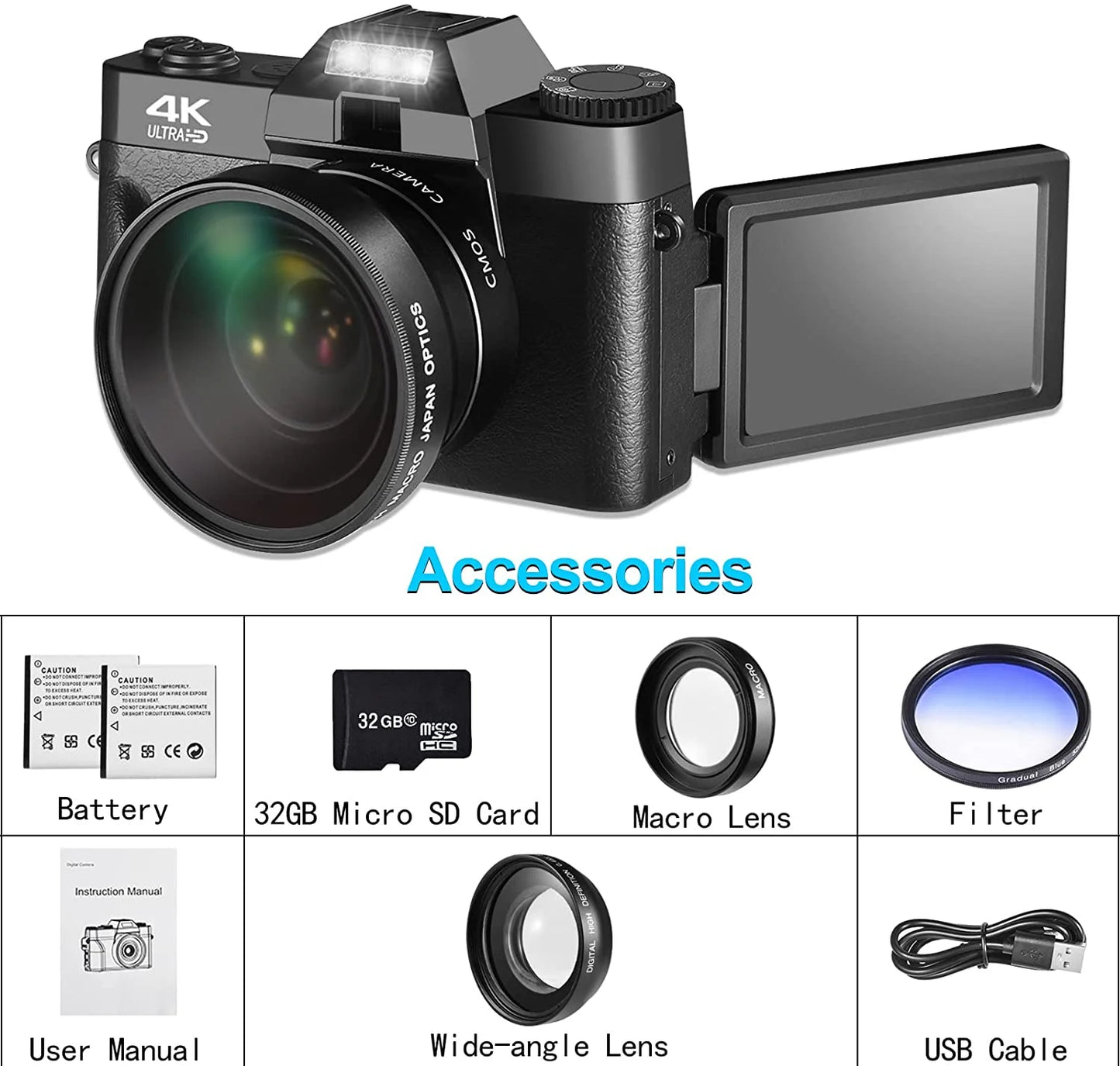 48MP Digital Camera for Photography,4K Vlogging Camera,Digital Camera for Kids and Adults with 180° Flip Monitor Lens,Macro Lens,32 GB Micro Card,2 Batteries(Black)