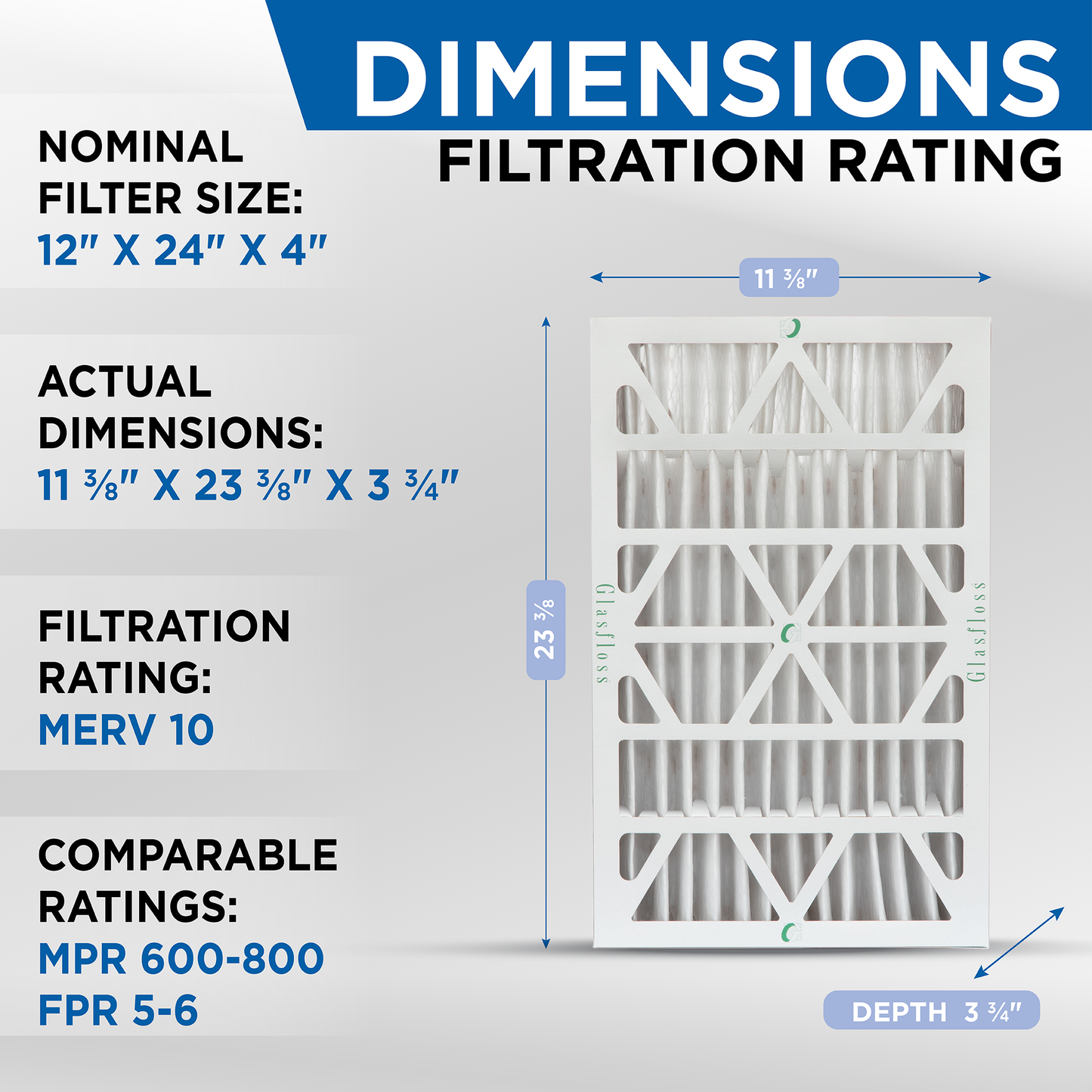 12x24x4 MERV 10 Pleated AC Furnace Air Filters by Glasfloss Industries. ( 3 Pack ) Exact Size: 11-3/8 x 23-3/8 x 3-3/4