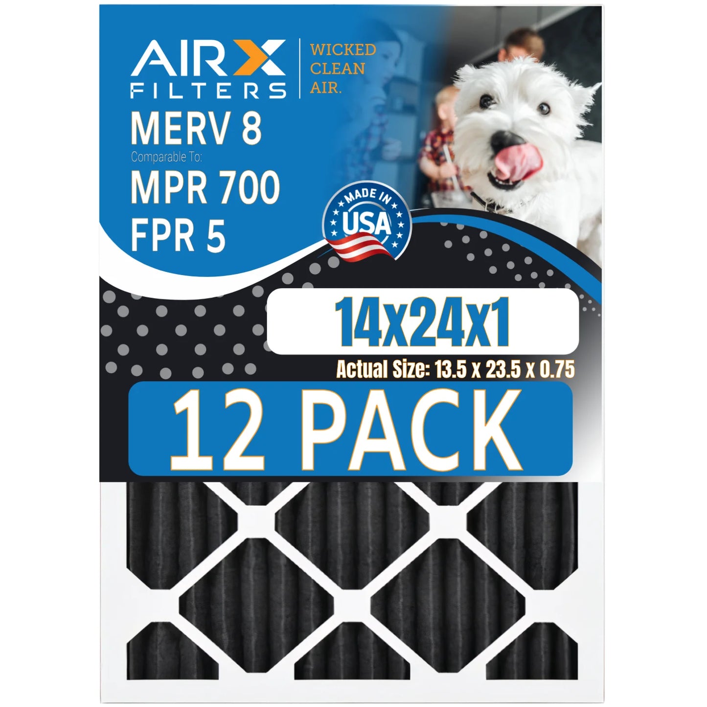 14x24x1 Air Filter MERV 8 Rating, 12 Pack of Furnace Filters Comparable to MPR 700, FPR 5, Pet Odor Retention Filters - Made in USA by AIRX FILTERS WICKED CLEAN AIR.