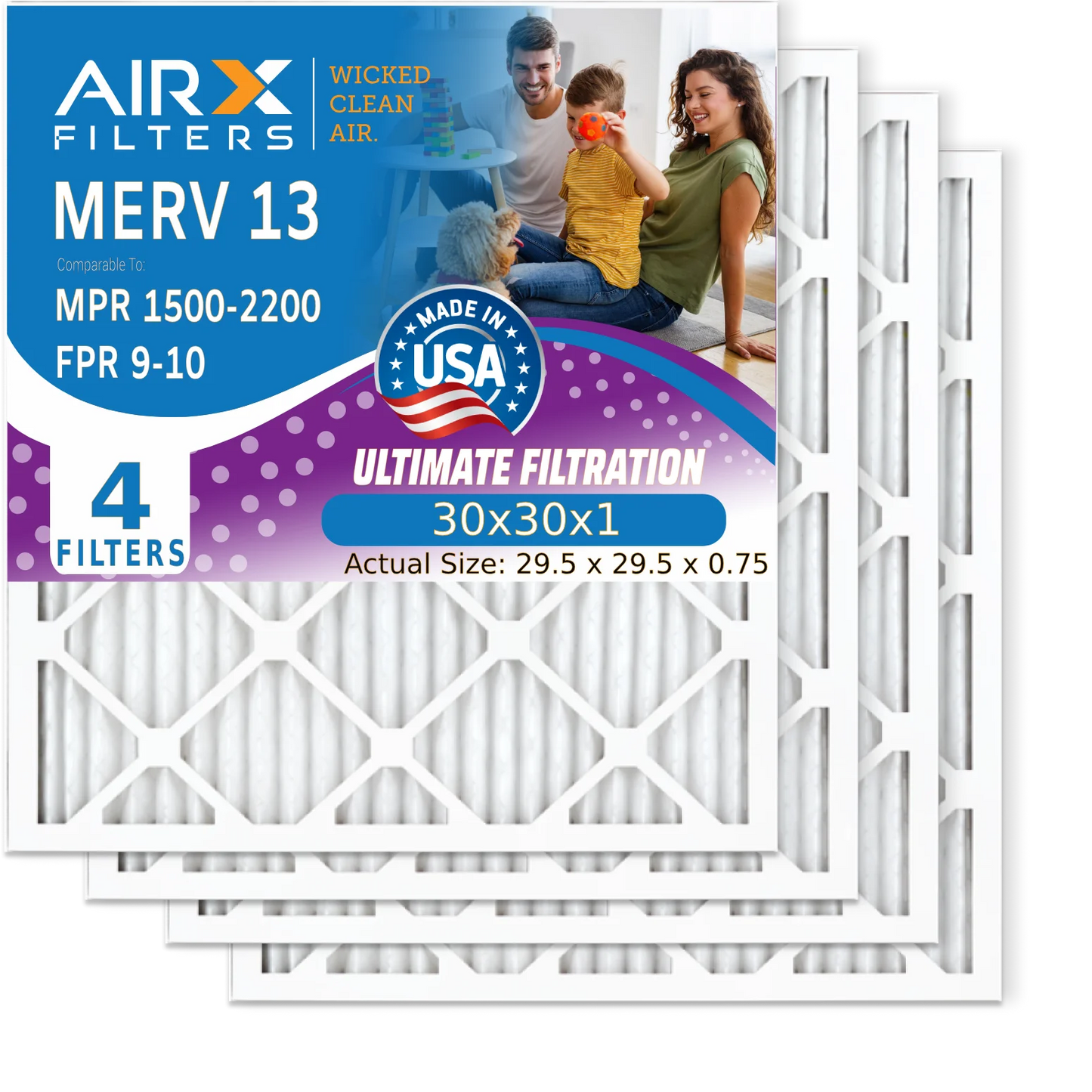 30x30x1 Air Filter MERV 13 Comparable to MPR 1500 - 2200 & FPR 9 Electrostatic Pleated Air Conditioner Filter 4 Pack HVAC AC Premium USA Made 30x30x1 Furnace Filters by AIRX FILTERS WICKED CLEAN AIR.