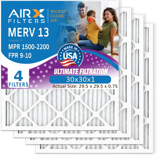 30x30x1 Air Filter MERV 13 Comparable to MPR 1500 - 2200 & FPR 9 Electrostatic Pleated Air Conditioner Filter 4 Pack HVAC AC Premium USA Made 30x30x1 Furnace Filters by AIRX FILTERS WICKED CLEAN AIR.