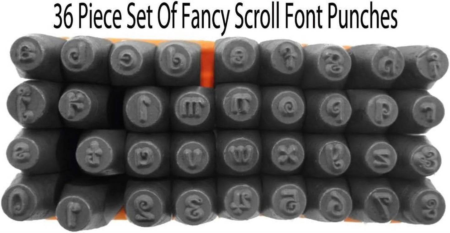 36 Pc. Lower Case Letter & Number Punch Set | Fancy Scrolled Font | 1/8" (0.3 Cm) Characters | Carbon-Hardened Steel | 2.75" (7 Cm) Punch Length | A-Z, 0-8, &' | Inclusive Storage Box