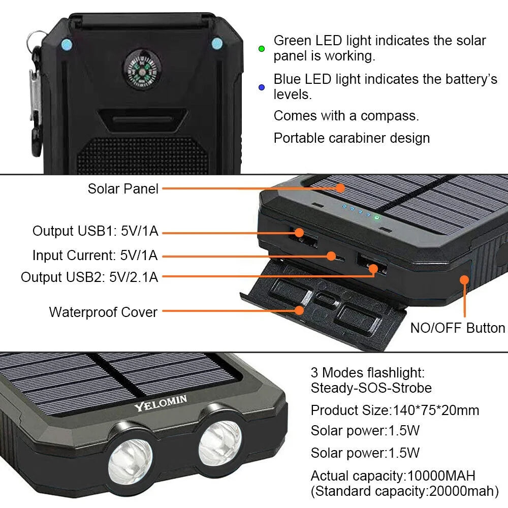 500000mAh Dual USB External Solar Power Bank LED Battery Charger for Cell Phone