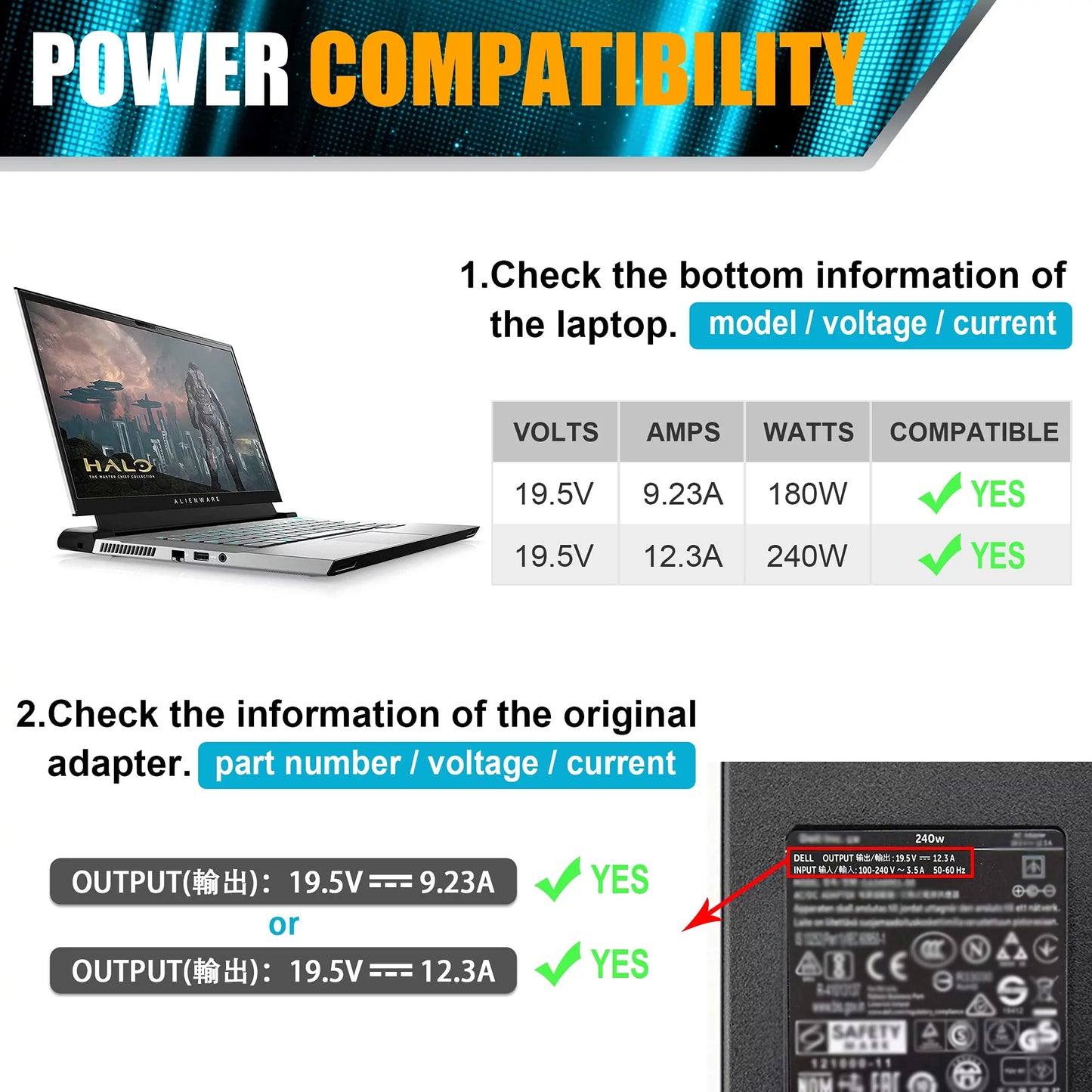 240W 180W AC Adapter Charger for Alienware 13 15 17 R1 R2 R3 R4 Series, Alienware X51 M17 M15 M17X M18X, Precision 7710 7730 7520 M6700 M6800 PA-9E Portable computer Charger Power Supply Cord