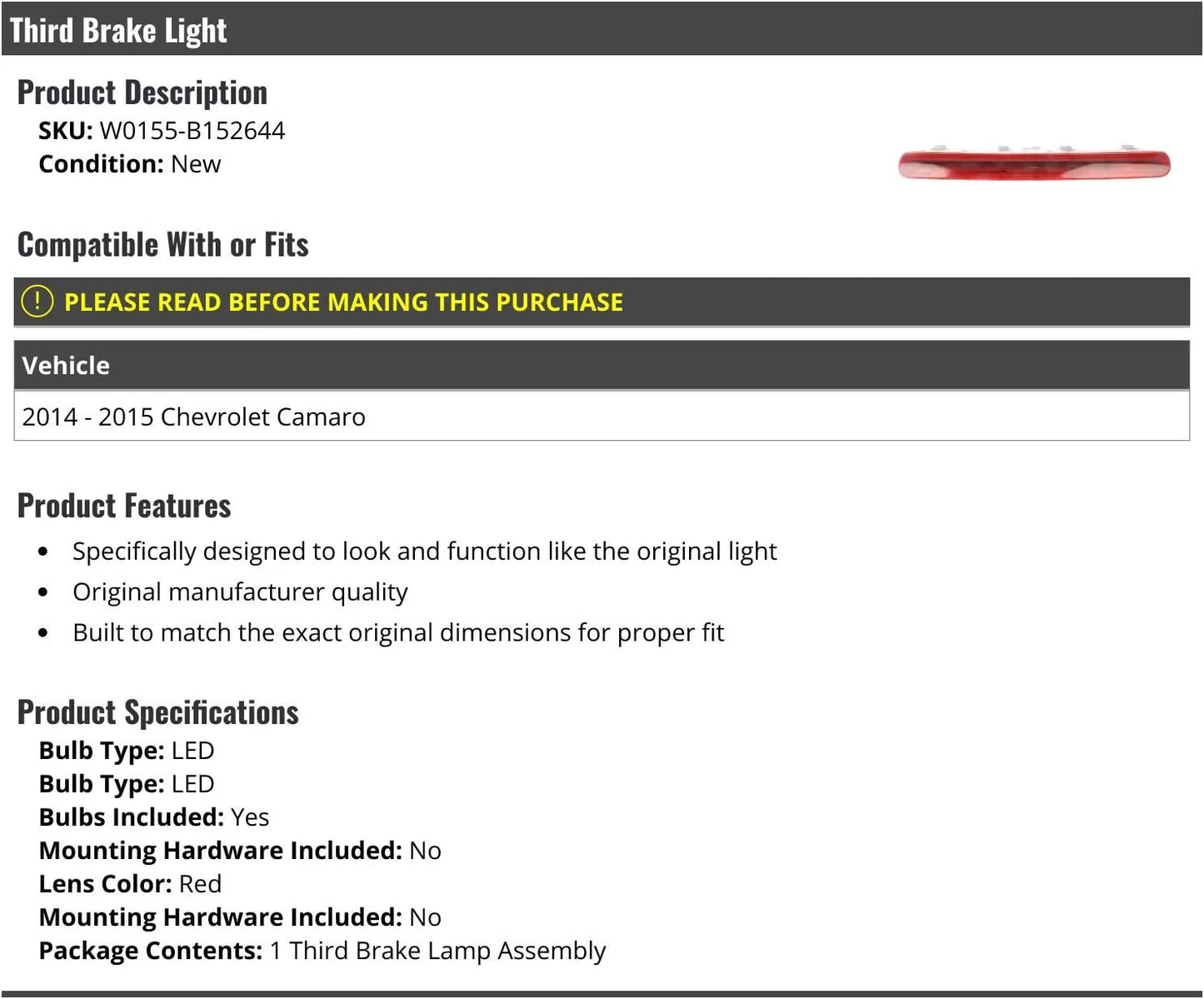 3rd Third Brake Light Lens - LED - Compatible with 2014 - 2015 Chevy Camaro