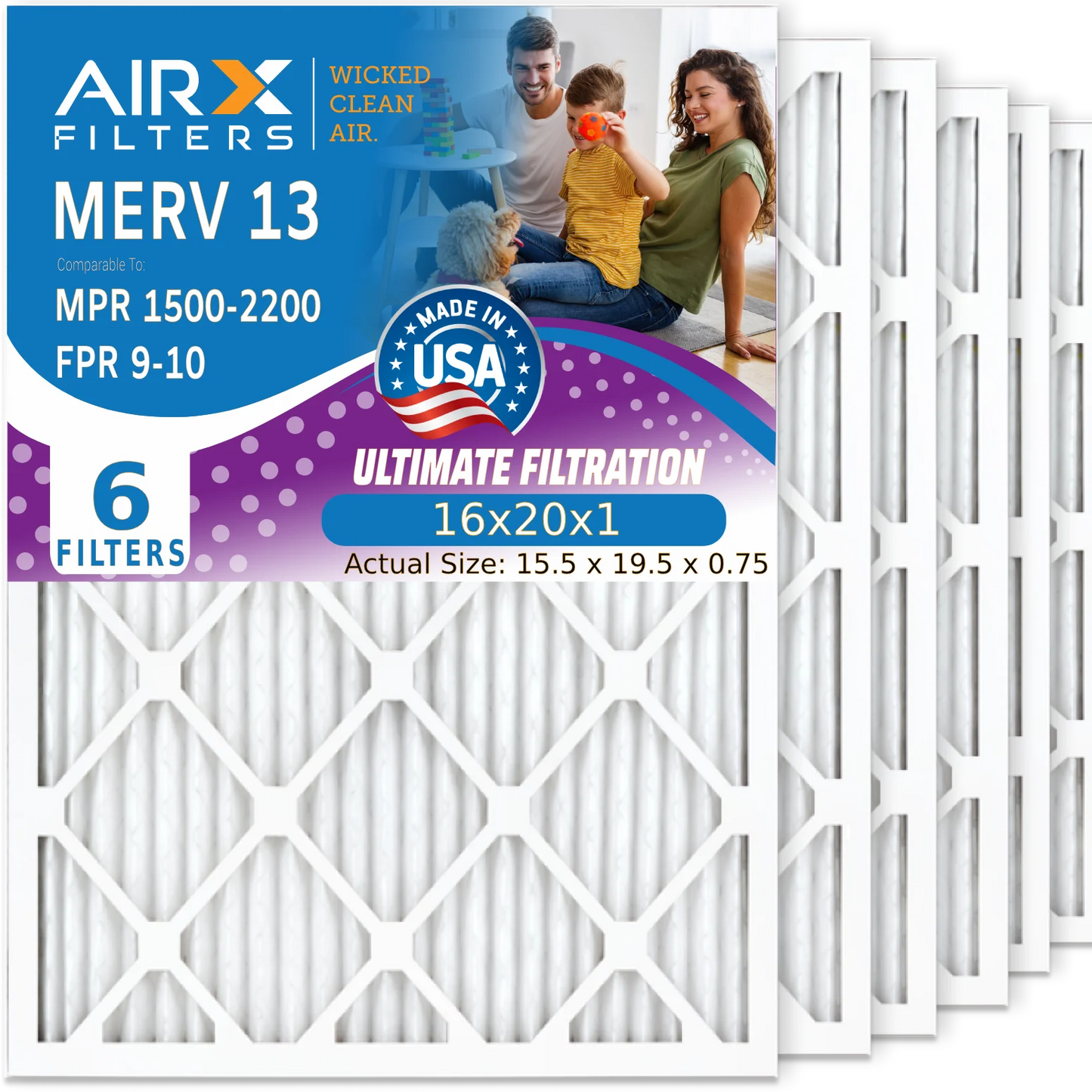 16x20x1 Air Filter MERV 13 Comparable to MPR 1500 - 2200 & FPR 9 Electrostatic Pleated Air Conditioner Filter 6 Pack HVAC AC Premium USA Made 16x20x1 Furnace Filters by AIRX FILTERS WICKED CLEAN AIR.