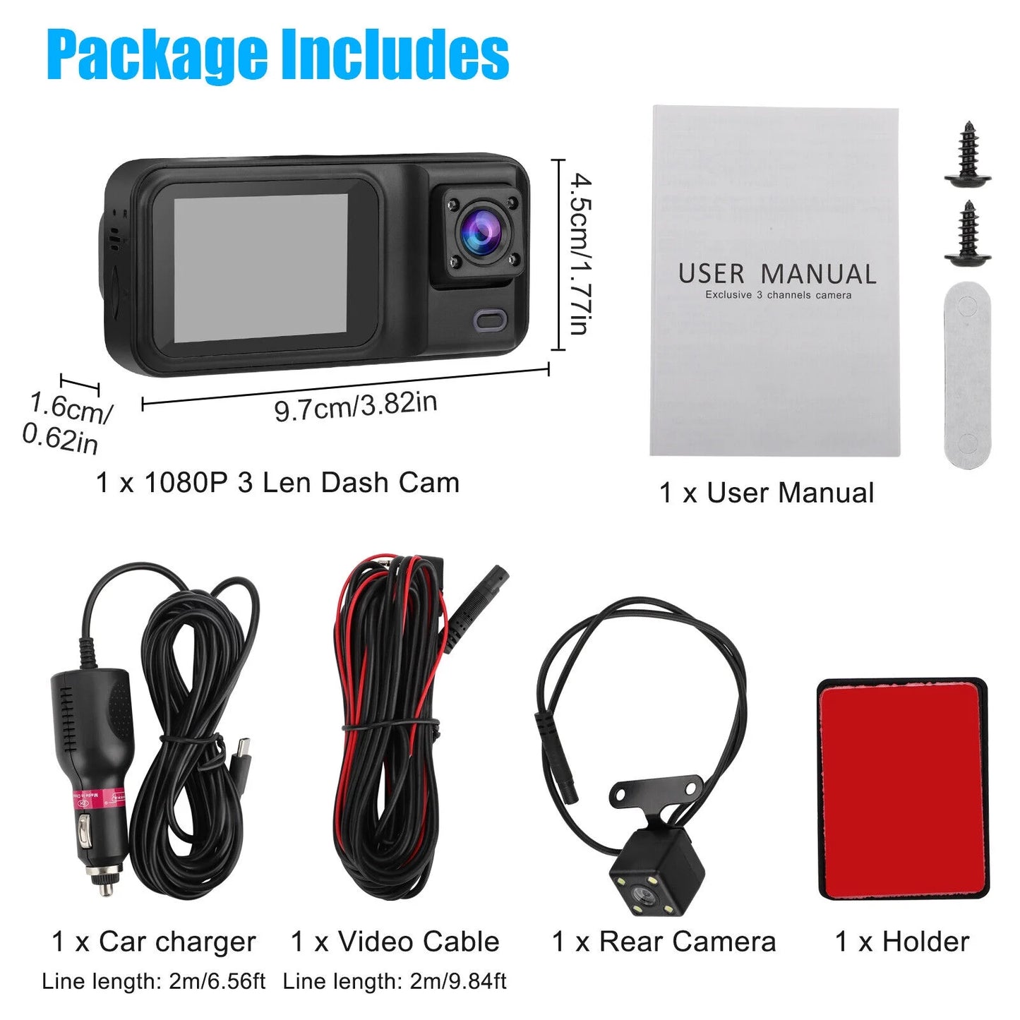 2" HD 1080P Car Dual Lens 170° Dash Cam 3 Channel Video Recorder Camera G-sensor