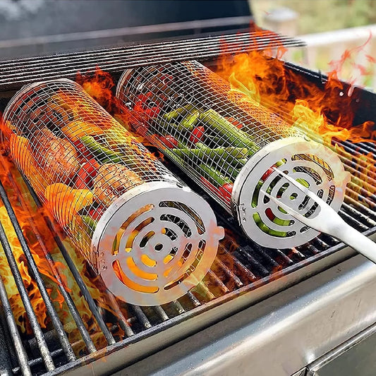 2PC Rolling Grilling Basket，Round Barbecue BBQ Grilling Basket ，Portable Outdoor Camping BBQ Rack for Fish, Shrimp, Vegetables, Barbeque Griller Cooking Accessories