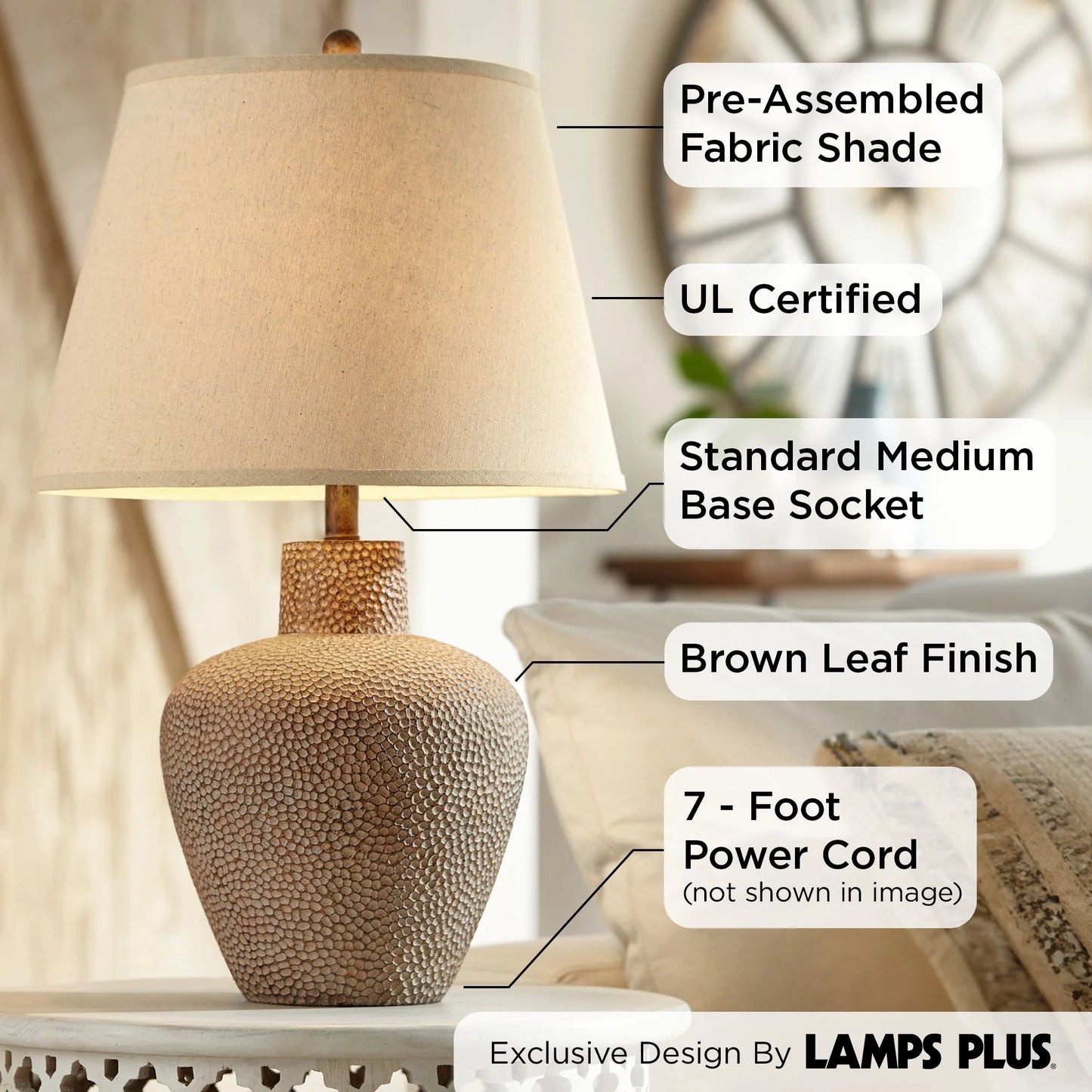 360 Lighting Bentley Rustic Farmhouse Table Lamp 29" Tall Brown Leaf Textured Hammered Pot Off White Empire Shade for Bedroom Living Room House Home