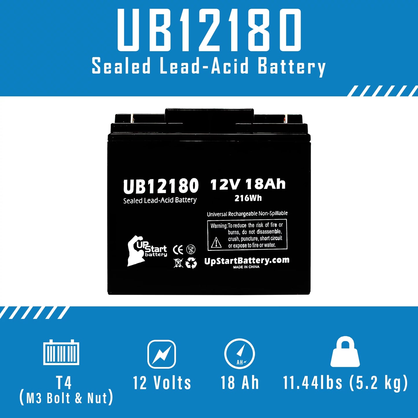 5x Pack - Compatible EAGLE PICHER BATTERIES CF12V18 Battery - Replacement UB12180 Universal Sealed Lead Acid Battery (12V, 18Ah, 18000mAh, T4 Terminal, AGM, SLA)