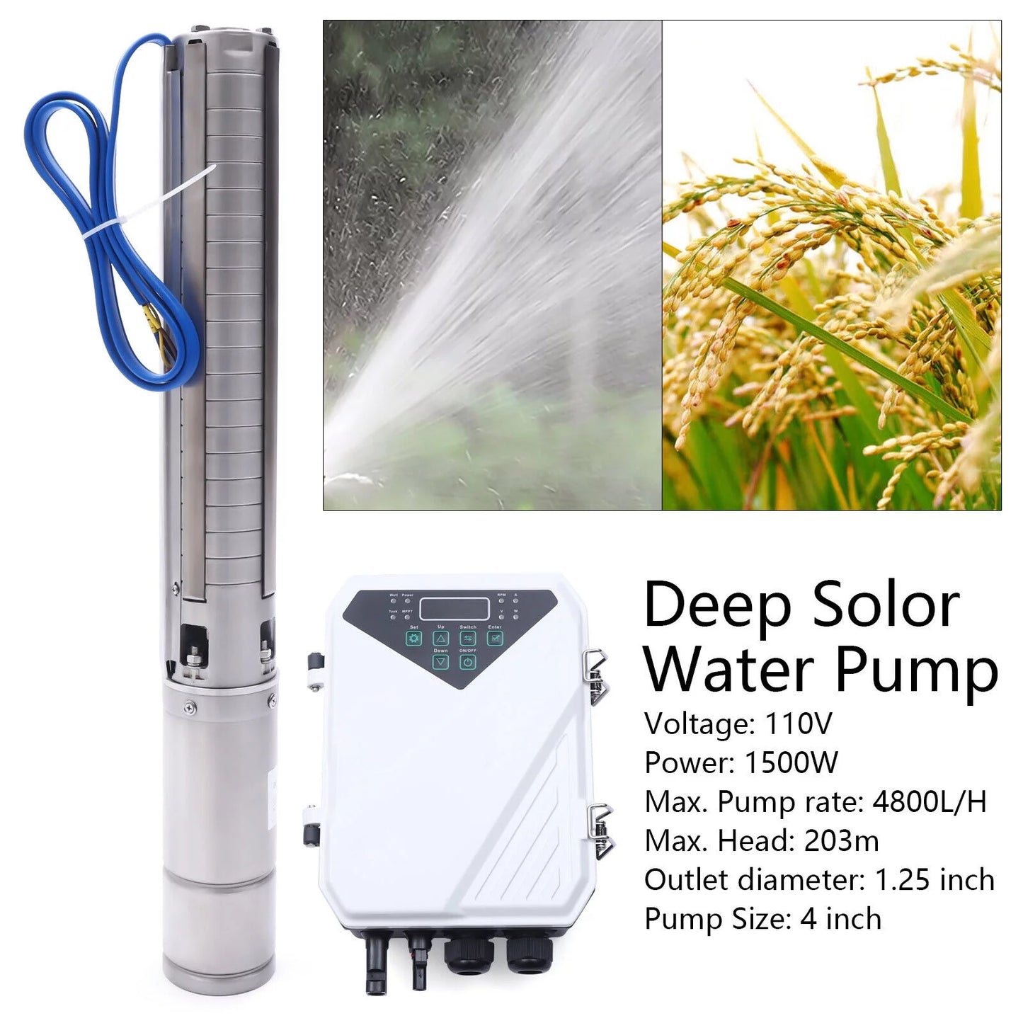 4" 2 110V Solar Liquid Pump Submersible MPPT Controller Kit DC Deep Well Pump