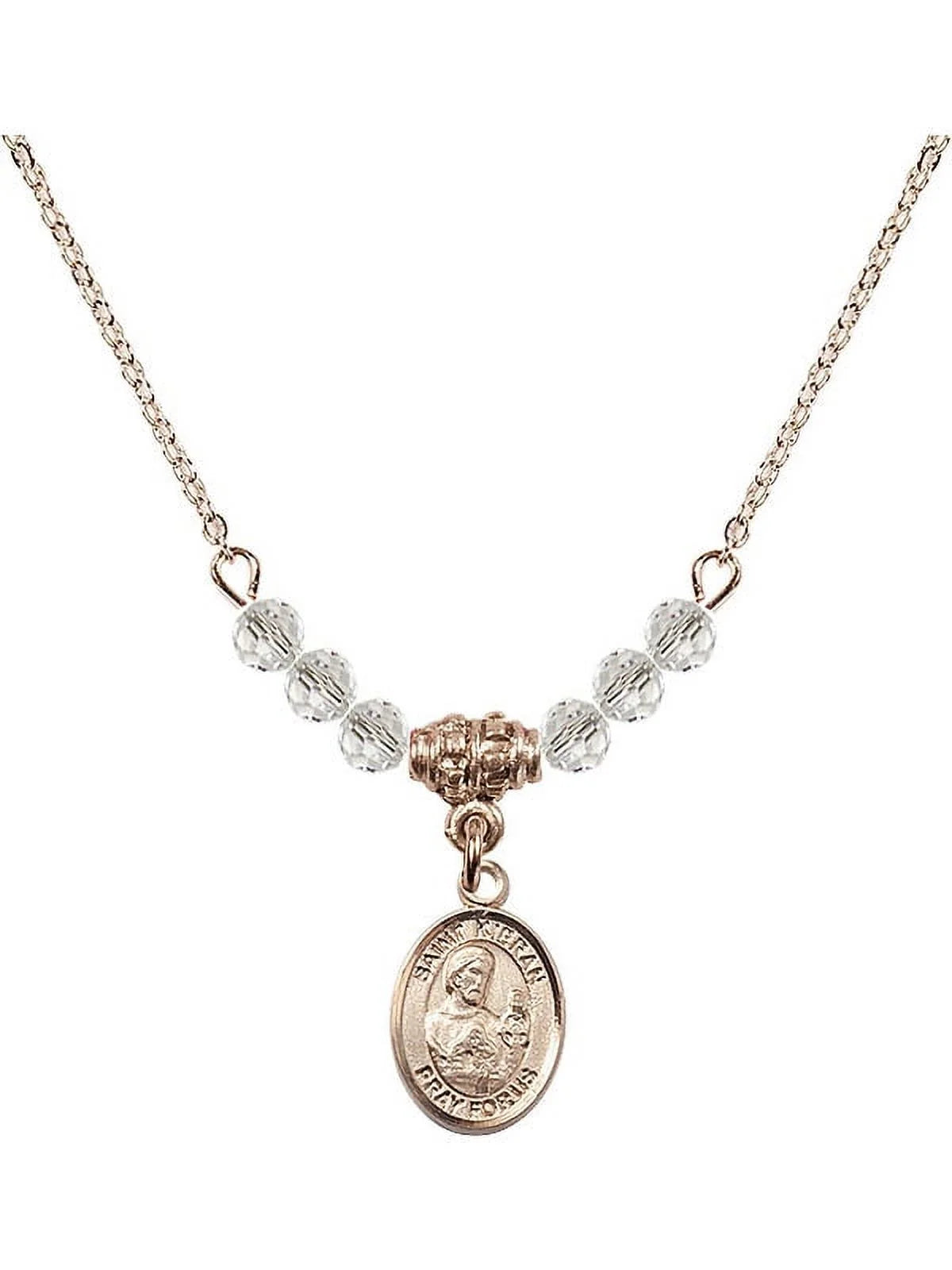 18-Inch Hamilton Gold Plated Necklace with 4mm White April Birth Month Stone Beads and Saint Kieran Charm