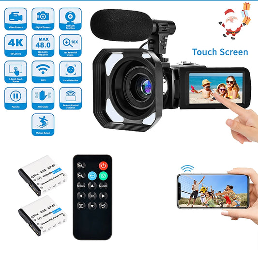 4K Camcorder Vlogging Camera for Youtube Ultra HD 48MP Video Camera with Microphone & Remote Control Wifi Digital Camera 3.0" IPS Touch Display