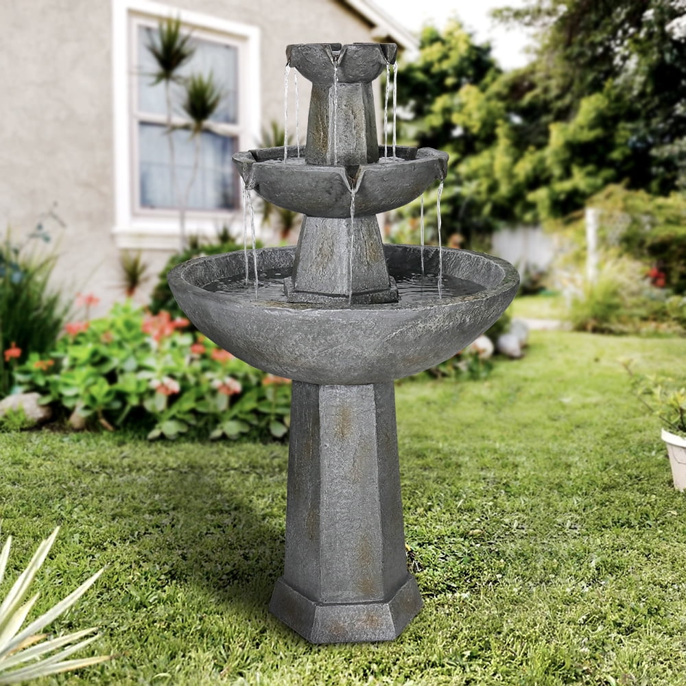 3 Tier Freestanding Liquid Fountain, 43.3in H Outdoor Fountain with Bird Bath Decor for Garden Patio Backyard Deck Home Lawn Porch