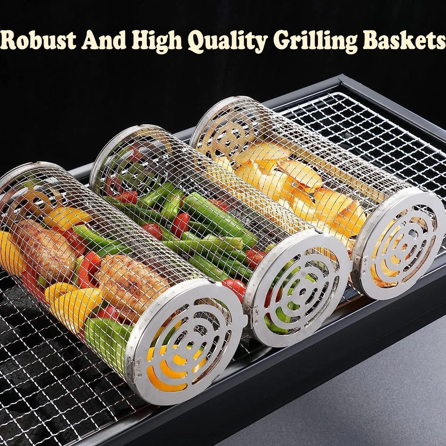 2PC Rolling Grilling Basket，Round Barbecue BBQ Grilling Basket ，Portable Outdoor Camping BBQ Rack for Fish, Shrimp, Vegetables, Barbeque Griller Cooking Accessories