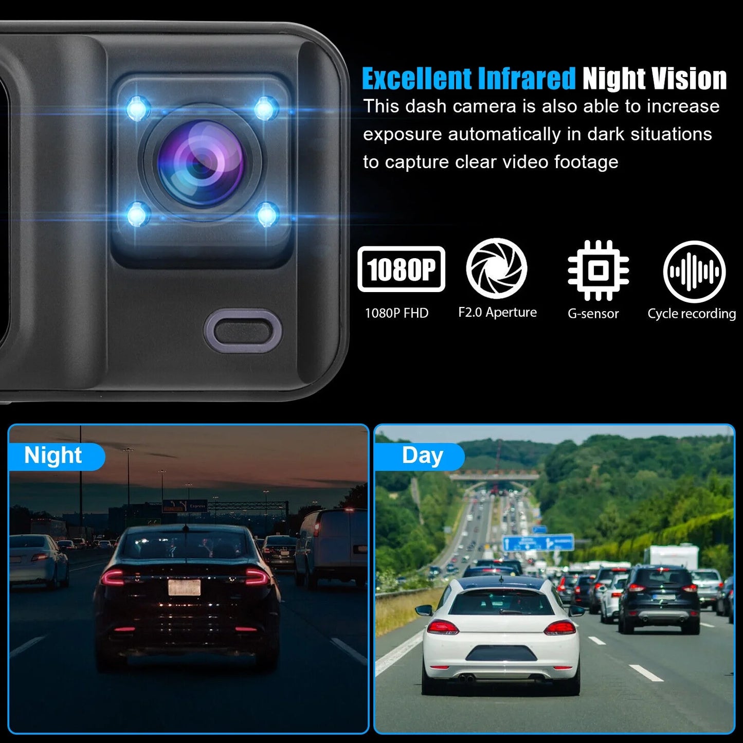 2" HD 1080P Car Dual Lens 170° Dash Cam 3 Channel Video Recorder Camera G-sensor