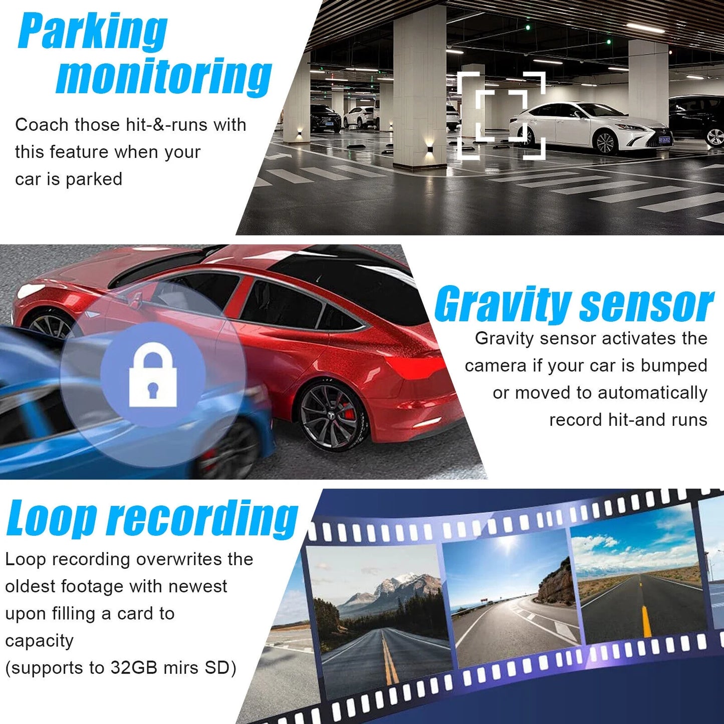 2" HD 1080P Car Dual Lens 170° Dash Cam 3 Channel Video Recorder Camera G-sensor