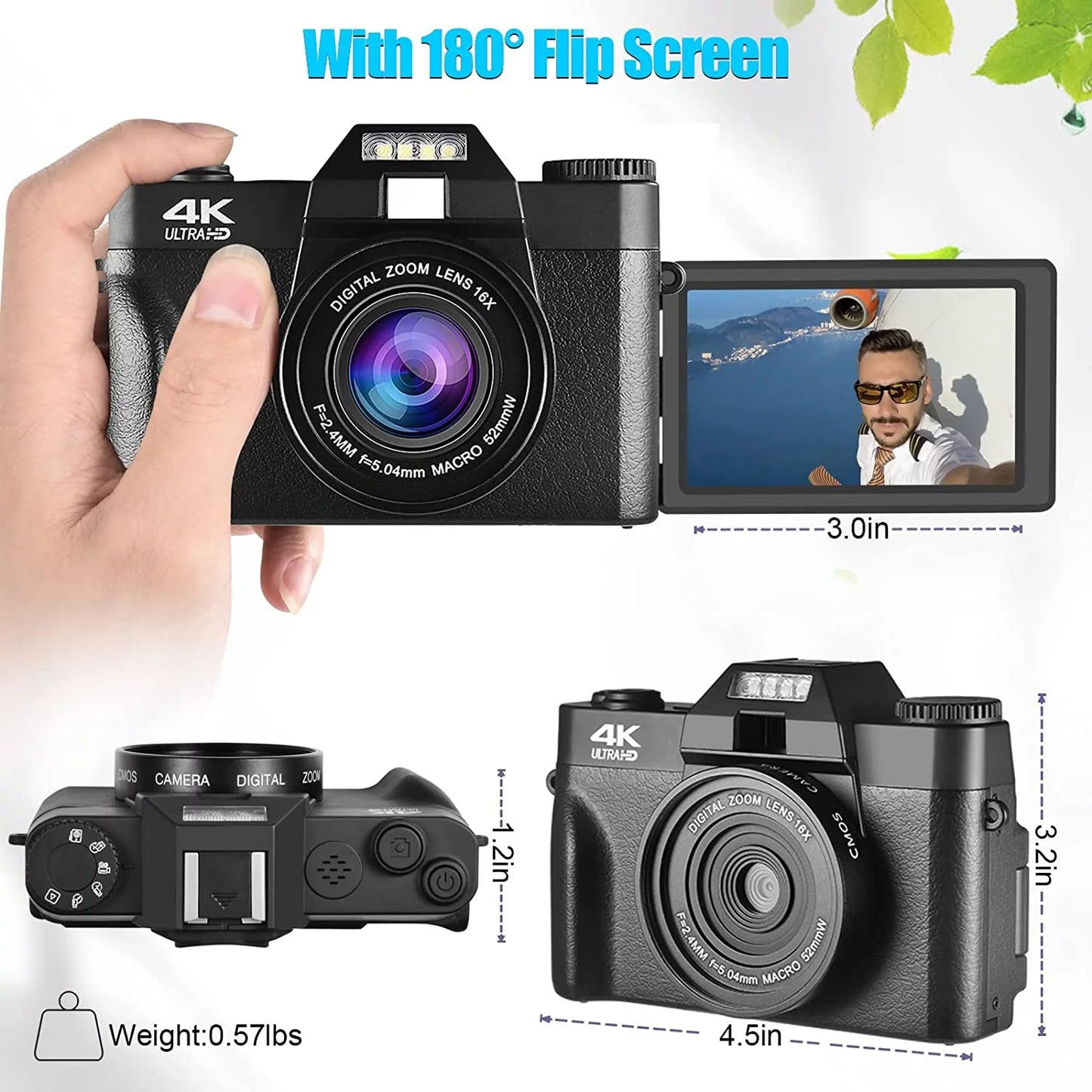 48MP Digital Camera for Photography,4K Vlogging Camera,Digital Camera for Kids and Adults with 180° Flip Monitor Lens,Macro Lens,32 GB Micro Card,2 Batteries(Black)