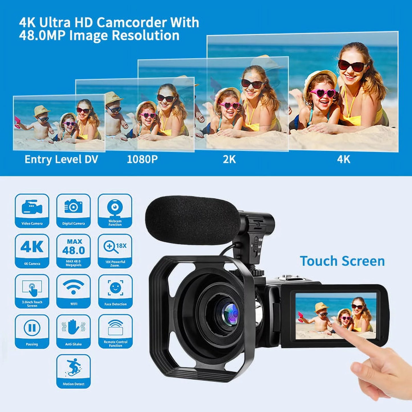 4K Camcorder Vlogging Camera for Youtube Ultra HD 48MP Video Camera with Microphone & Remote Control Wifi Digital Camera 3.0" IPS Touch Display