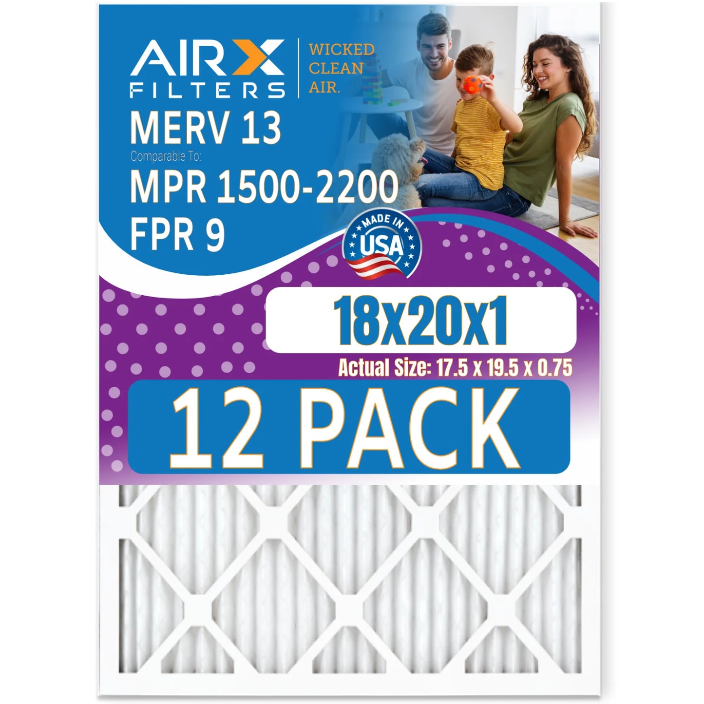 18x20x1 Air Filter MERV 13 Rating, 12 Pack of Furnace Filters Comparable to MPR 1500 - 2200 & FPR 9 - Made in USA by AIRX FILTERS WICKED CLEAN AIR.