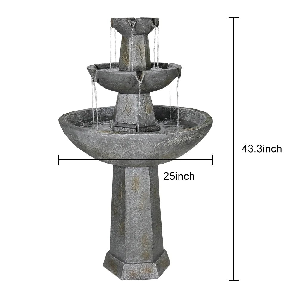 3 Tier Freestanding Liquid Fountain, 43.3in H Outdoor Fountain with Bird Bath Decor for Garden Patio Backyard Deck Home Lawn Porch