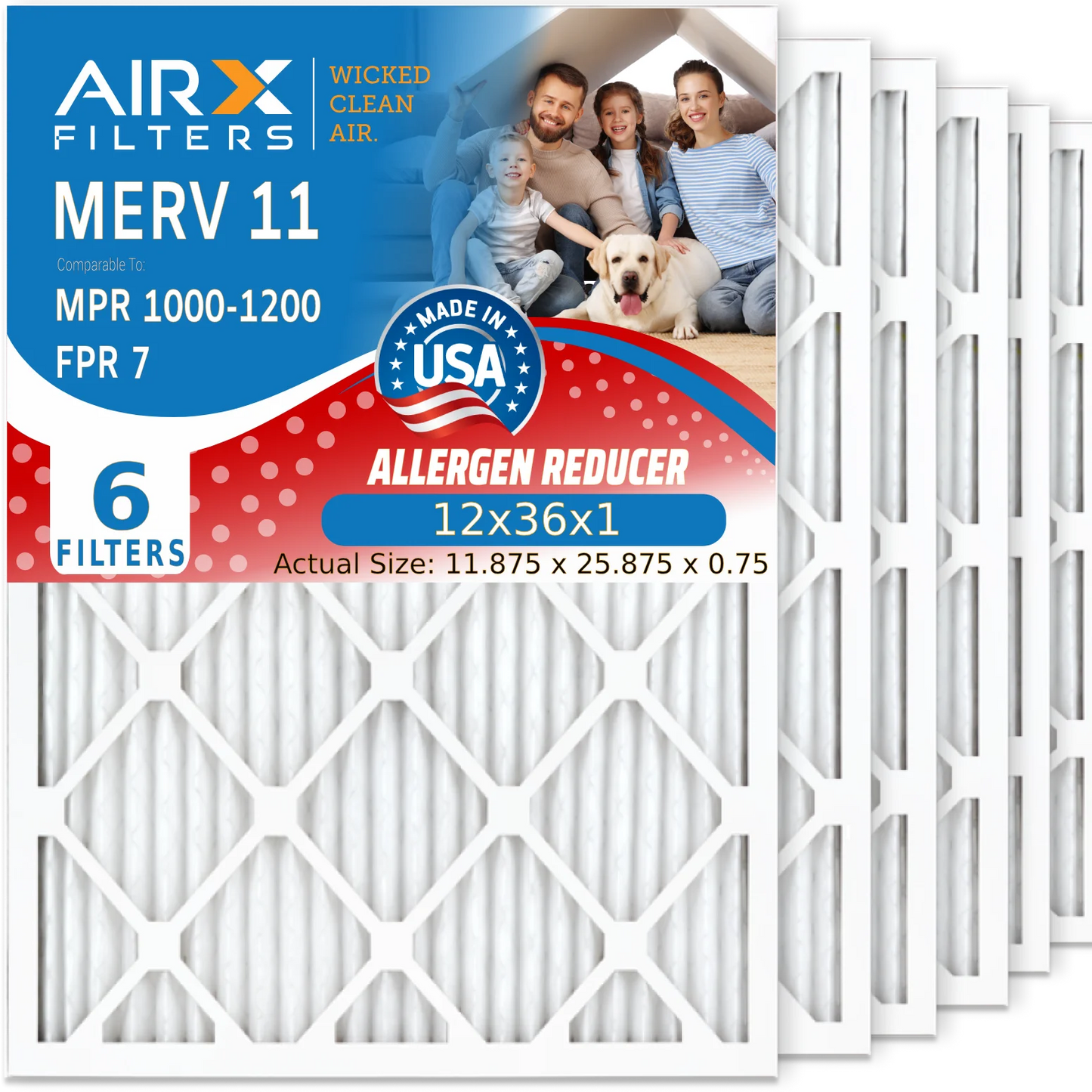 12x36x1 Air Filter MERV 11 Comparable to MPR 1000, MPR 1200 & FPR 7 Electrostatic Pleated Air Conditioner Filter 6 Pack HVAC Premium USA Made 12x36x1 Furnace Filters by AIRX FILTERS WICKED CLEAN AIR.