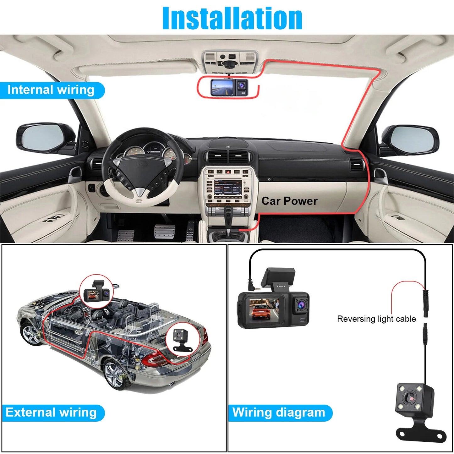 2" HD 1080P Car Dual Lens 170° Dash Cam 3 Channel Video Recorder Camera G-sensor