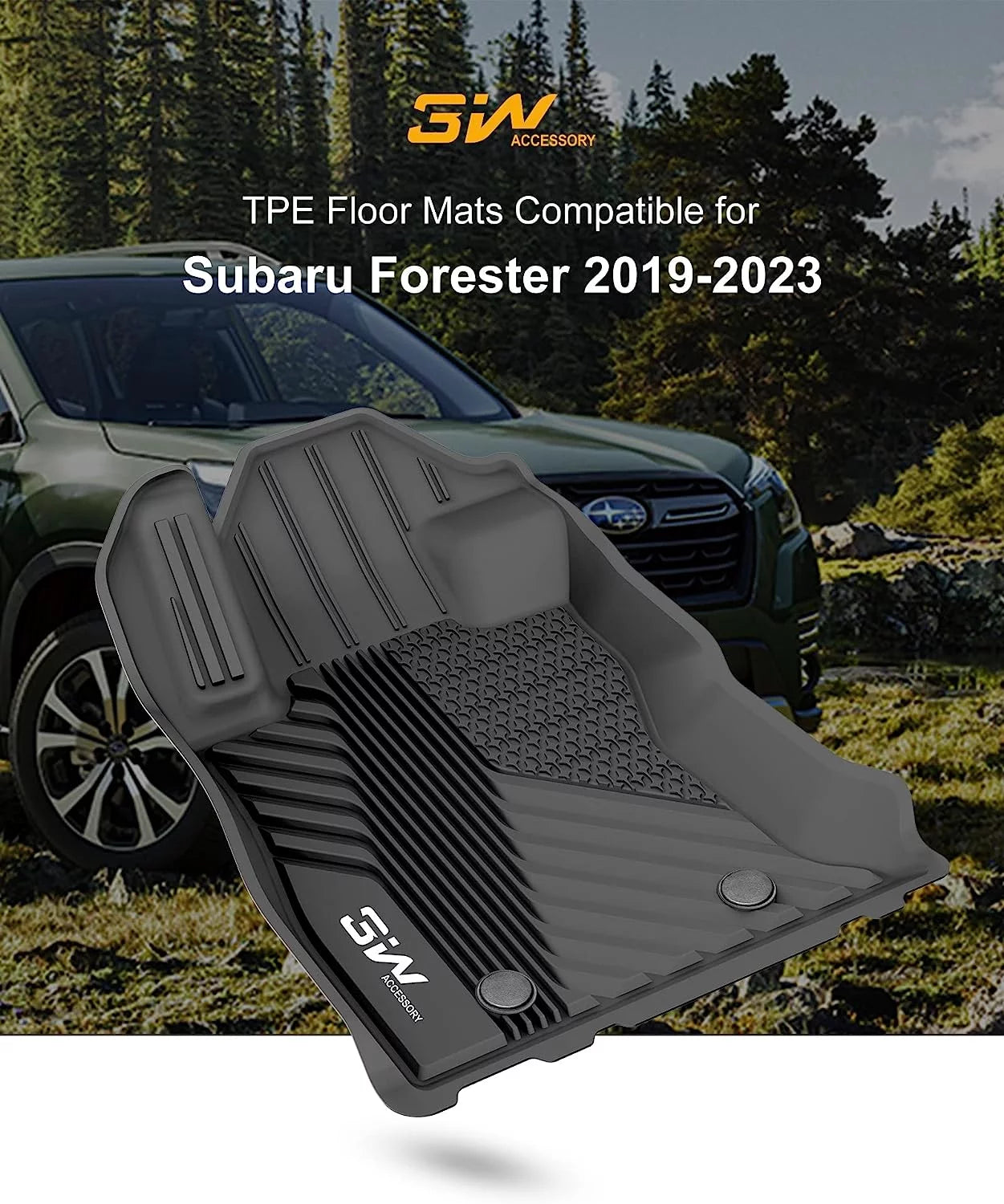 3W Car Floor Mats Liners for 2019-2023 Subaru Forester, All-Weather Mats Floor Liner Set, TPE Material, Black