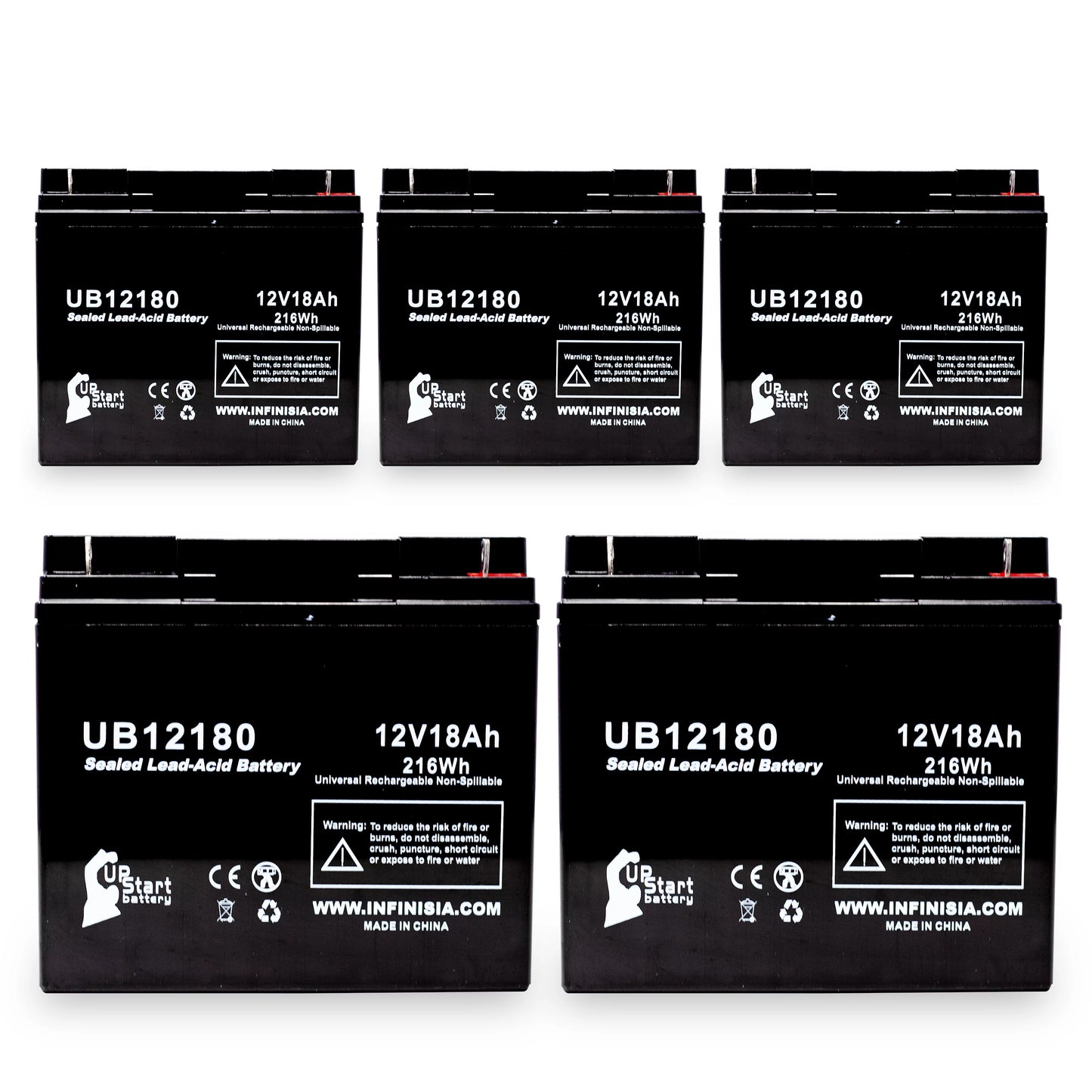 5x Pack - Compatible EAGLE PICHER BATTERIES CF12V18 Battery - Replacement UB12180 Universal Sealed Lead Acid Battery (12V, 18Ah, 18000mAh, T4 Terminal, AGM, SLA)