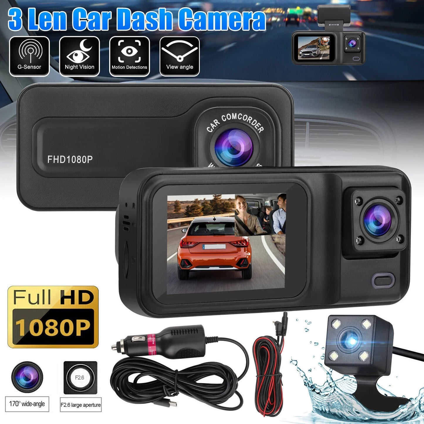 2" HD 1080P Car Dual Lens 170° Dash Cam 3 Channel Video Recorder Camera G-sensor