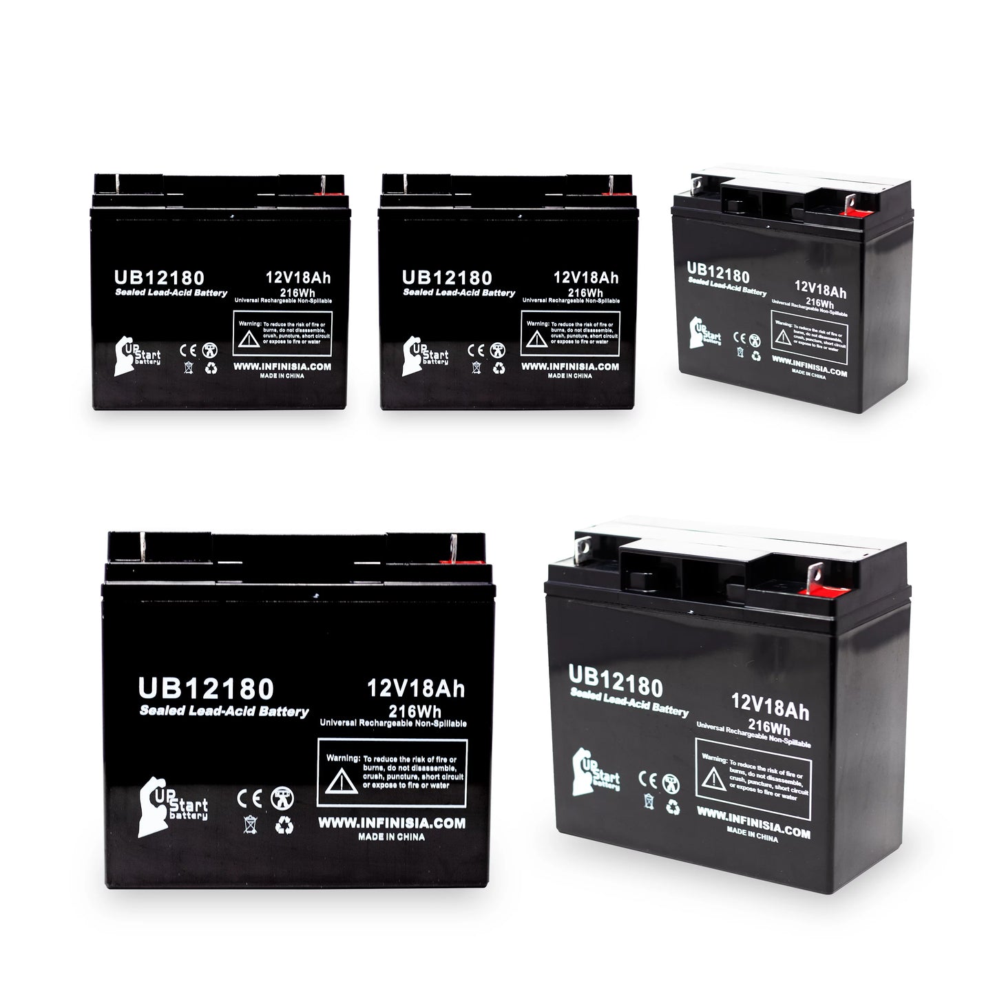 5x Pack - Compatible EAGLE PICHER BATTERIES CF12V18 Battery - Replacement UB12180 Universal Sealed Lead Acid Battery (12V, 18Ah, 18000mAh, T4 Terminal, AGM, SLA)