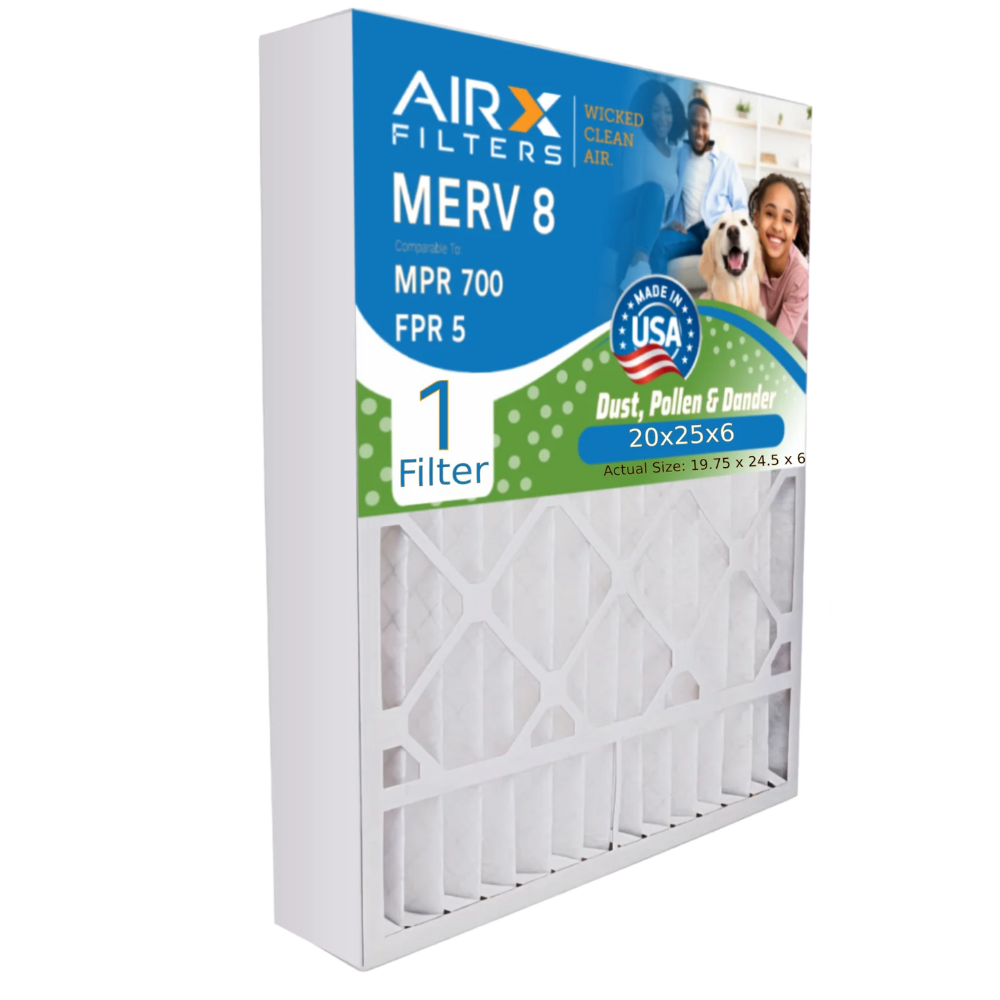 20x25x6 Air Filter MERV 8 Comparable to MPR 700 & FPR 5 Compatible with Aprilaire 201 Premium USA Made 20x25x6 Furnace Filter 1 Single Filter by AIRX FILTERS WICKED CLEAN AIR.