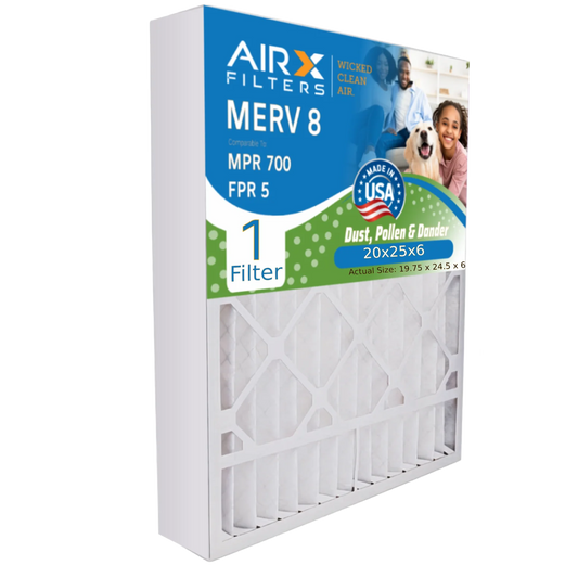 20x25x6 Air Filter MERV 8 Comparable to MPR 700 & FPR 5 Compatible with Aprilaire 201 Premium USA Made 20x25x6 Furnace Filter 1 Single Filter by AIRX FILTERS WICKED CLEAN AIR.