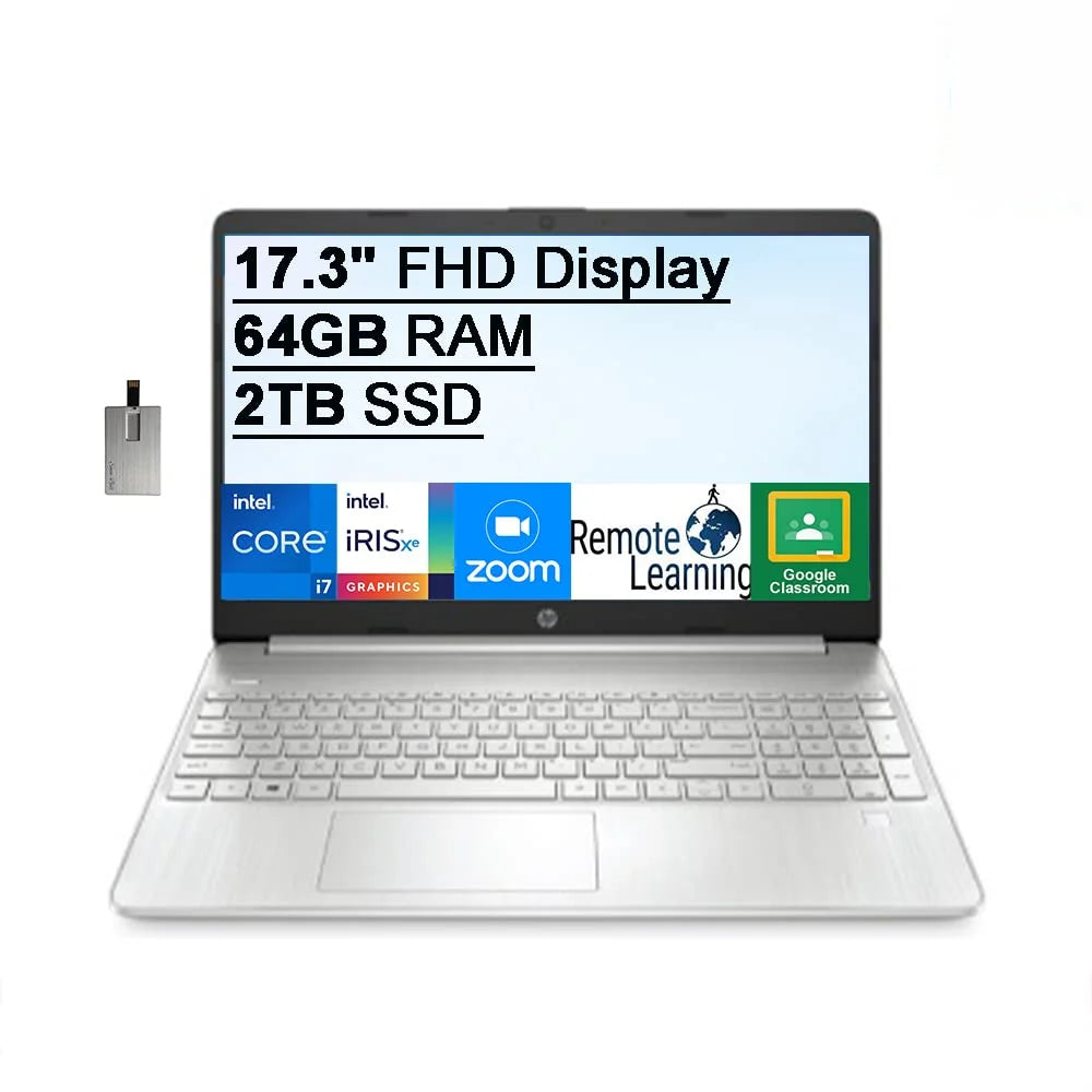 2021 17.3" FHD IPS Mobile pc Computer, 11th Generation Core i7-1165G7, 64GB RAM, 2TB PCIe SSD, Backlit Keyboard, Iris Xe Graphics, HD Webcam, HD Audio, Windows OS, Silver, 32GB USB Card