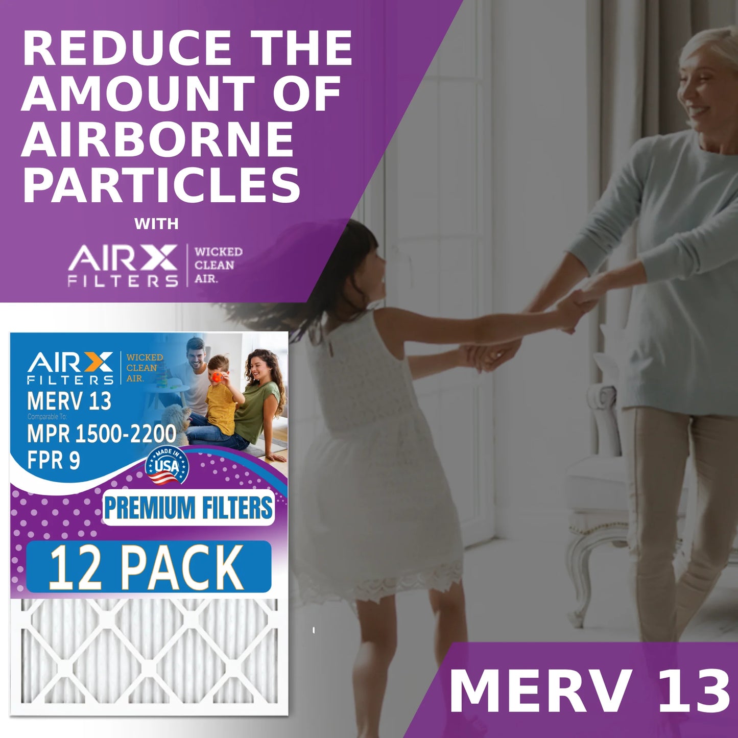 20x22x1 Air Filter MERV 13 Rating, 12 Pack of Furnace Filters Comparable to MPR 1500 - 2200 & FPR 9 - Made in USA by AIRX FILTERS WICKED CLEAN AIR.