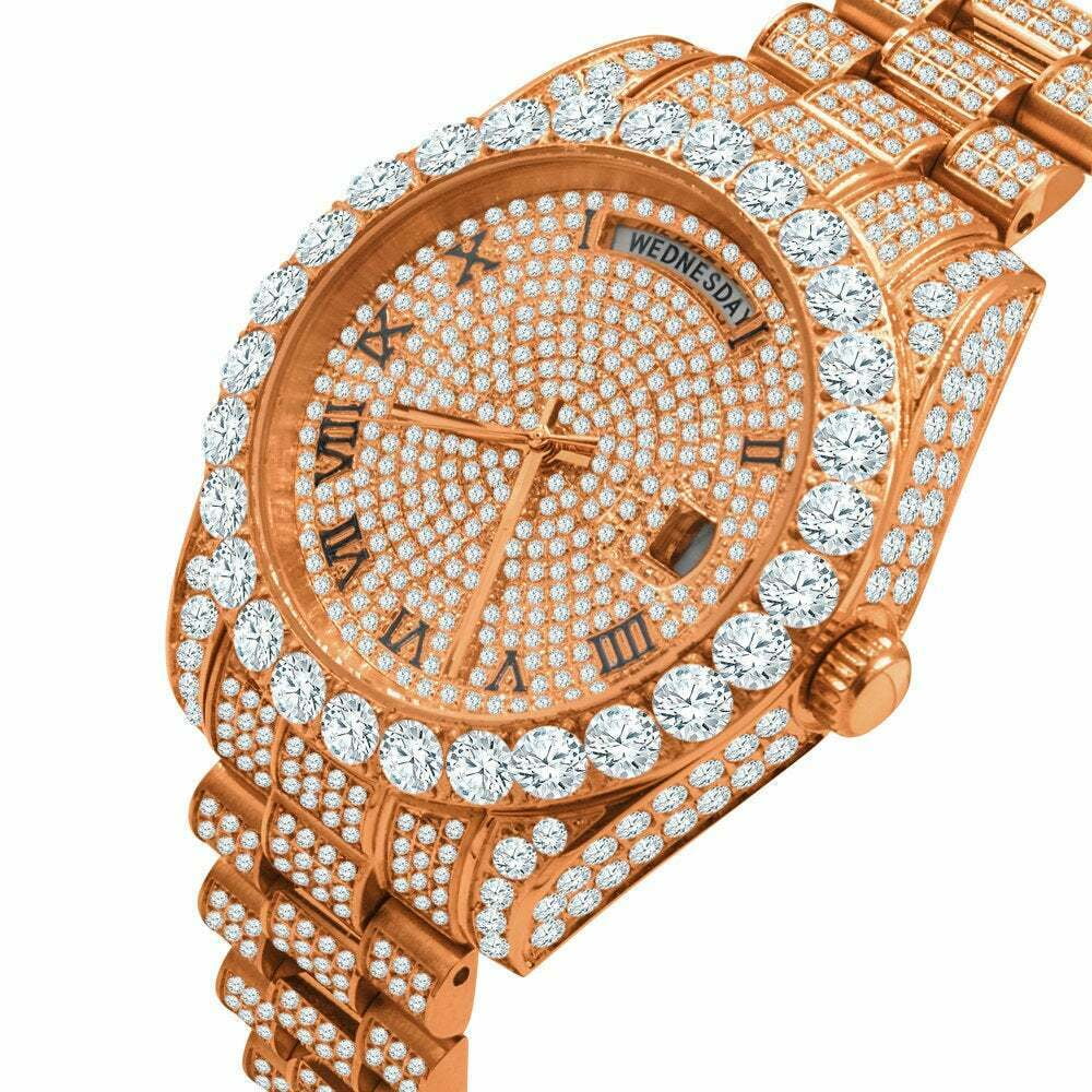 18K Rose Gold Tone Full Steel Day-Date Roman Face Solitaire Bezel Mens Simulated Diamond Watch 40mm