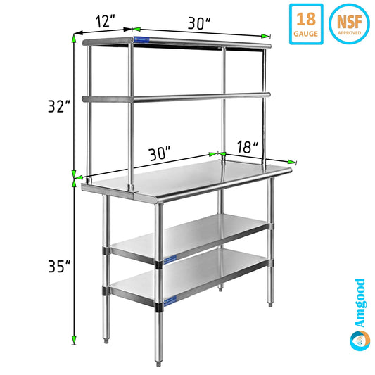 18" x 30" Stainless Steel Work Table With Two Shelves | 12" Wide Double Tier Overshelf | Metal Kitchen Prep Table & Shelving Combo