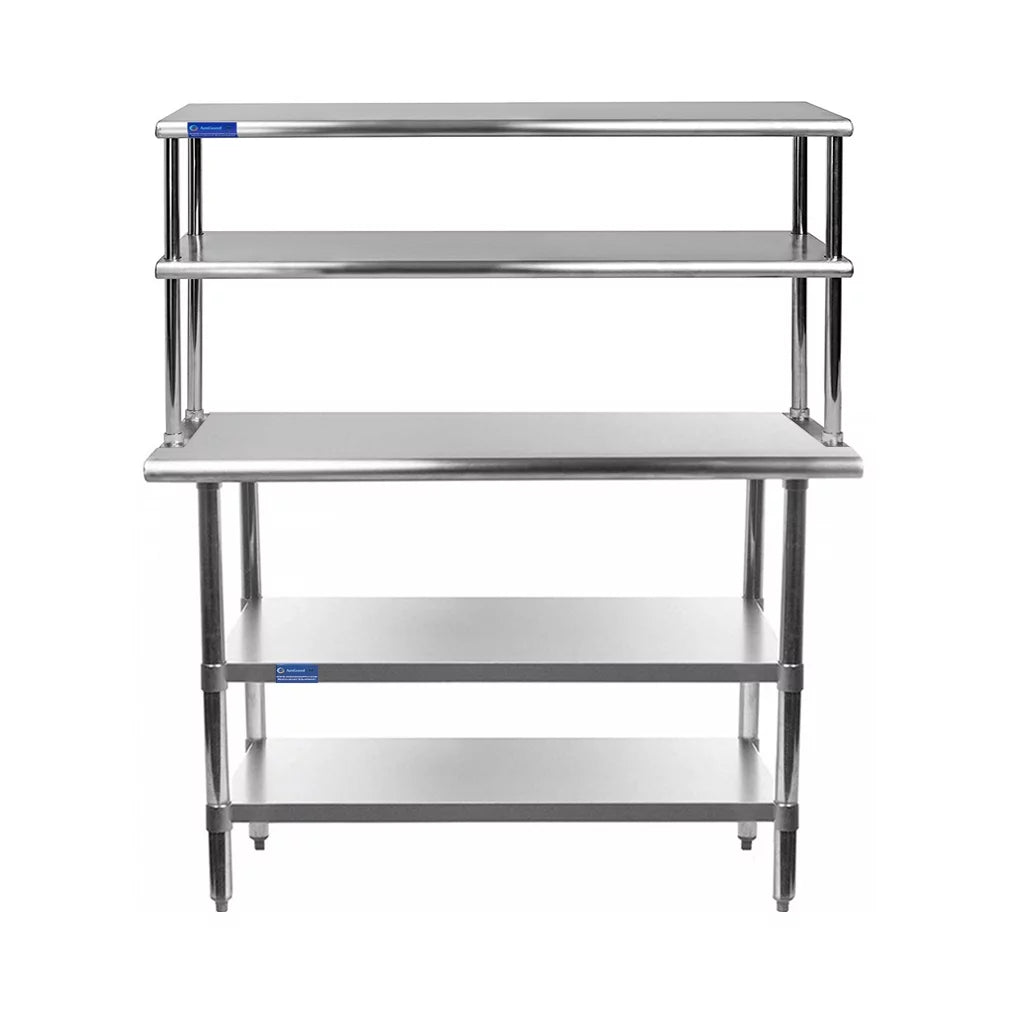 18" x 30" Stainless Steel Work Table With Two Shelves | 12" Wide Double Tier Overshelf | Metal Kitchen Prep Table & Shelving Combo