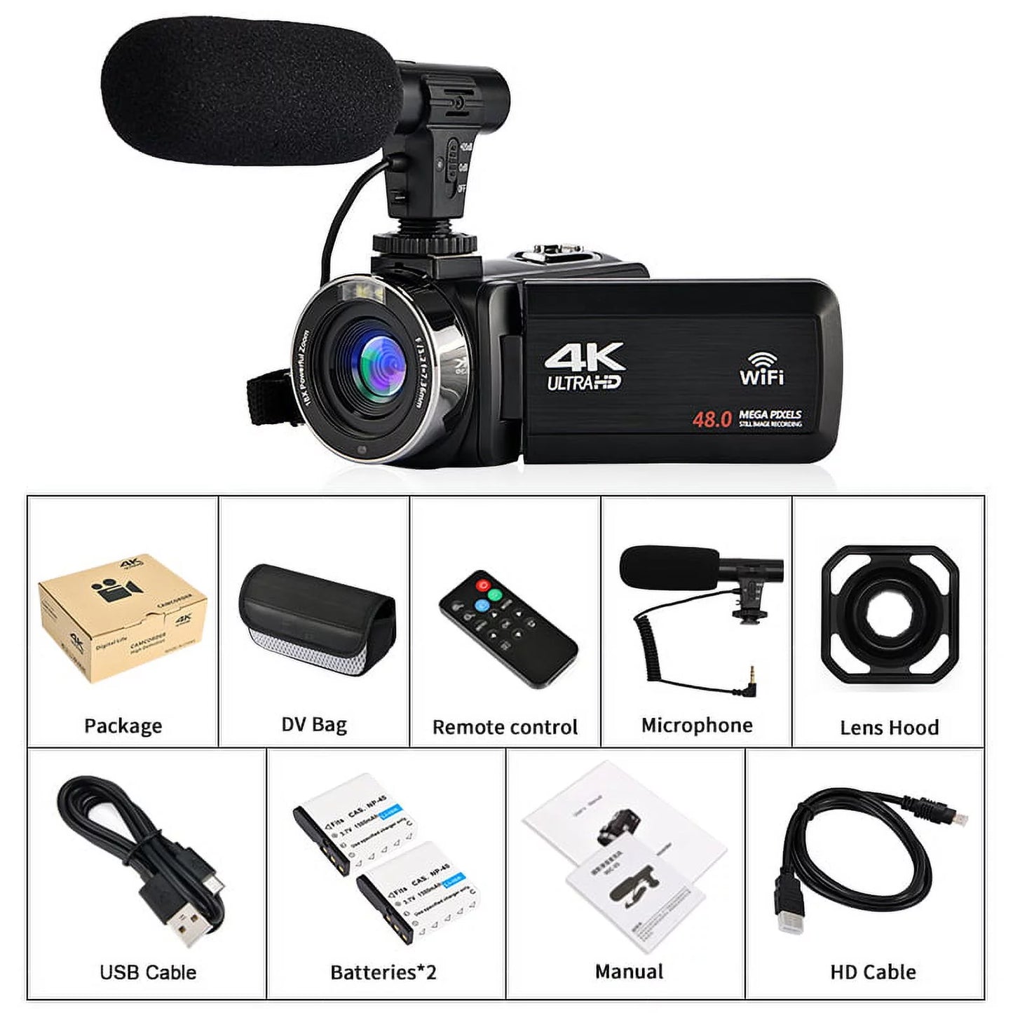 4K Camcorder Vlogging Camera for Youtube Ultra HD 48MP Video Camera with Microphone & Remote Control Wifi Digital Camera 3.0" IPS Touch Display