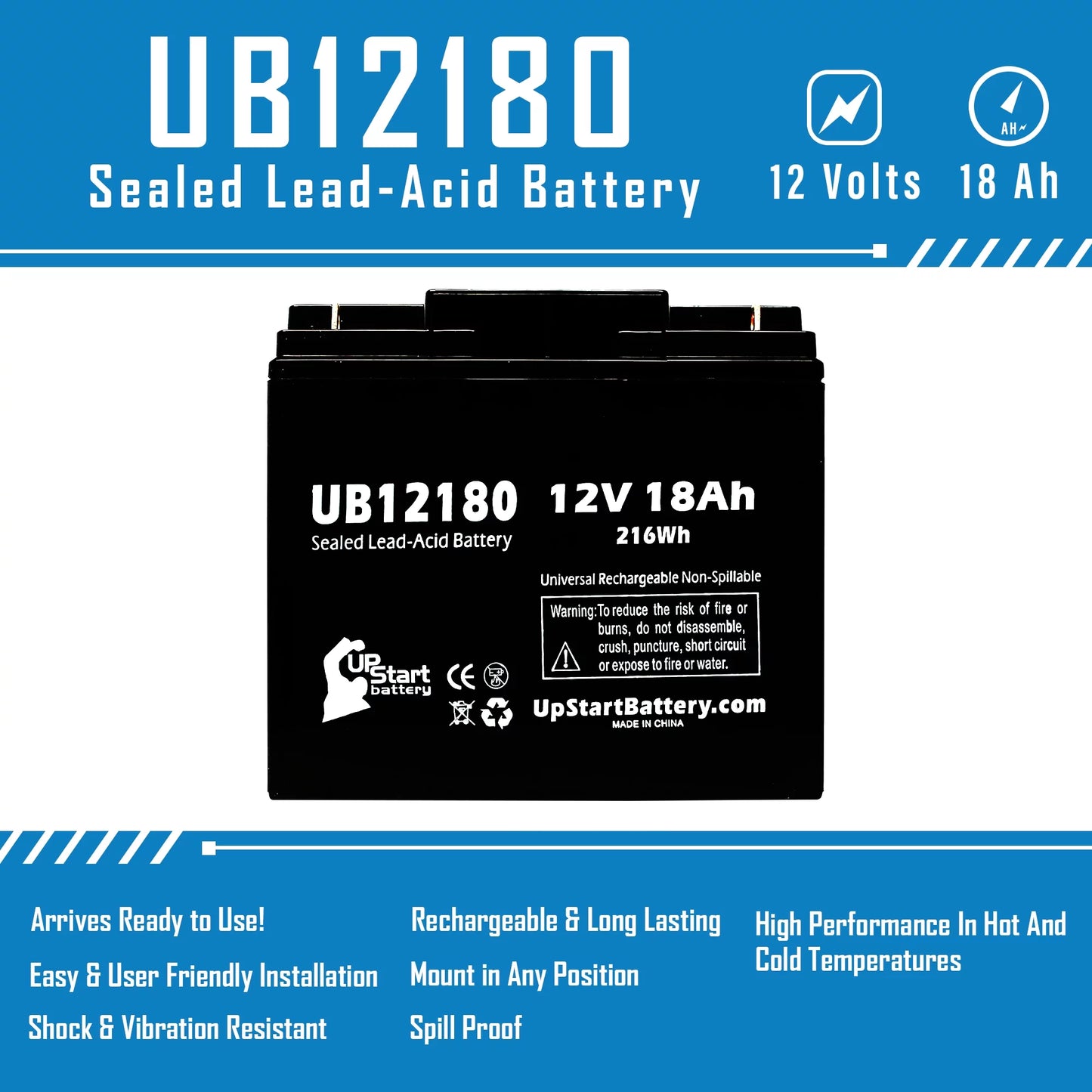 5x Pack - Compatible EAGLE PICHER BATTERIES CF12V18 Battery - Replacement UB12180 Universal Sealed Lead Acid Battery (12V, 18Ah, 18000mAh, T4 Terminal, AGM, SLA)