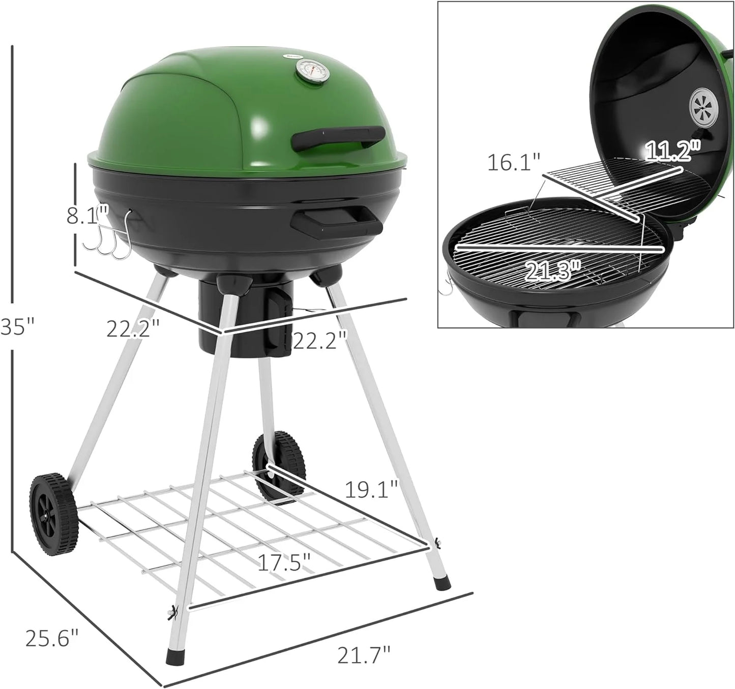 21" Kettle Charcoal BBQ Grill Trolley with 360 sq.in. Cooking Area, Outdoor Barbecue with Shelf, Wheels, Ash Catcher and Built-in Thermometer for Patio, Backyard Party, Green