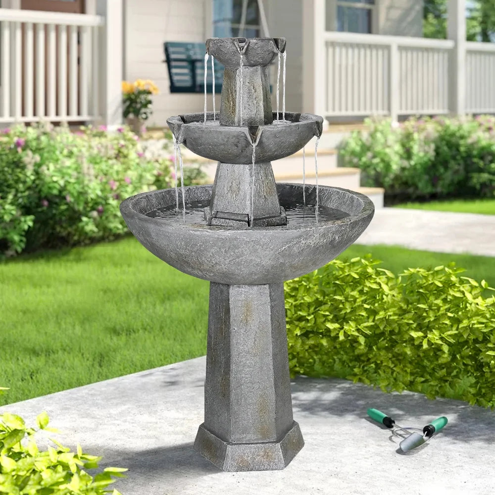 3 Tier Freestanding Liquid Fountain, 43.3in H Outdoor Fountain with Bird Bath Decor for Garden Patio Backyard Deck Home Lawn Porch