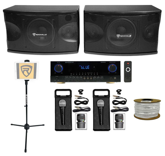 2) Rockville KPS80 8" Karaoke Speakers+Bluetooth Amplifier+2) Mics+Tablet Stand + Rockville R14GSBR100 Red/Blk 14 Gauge 100' Ft. Mini Spool Car Audio Speaker Wire