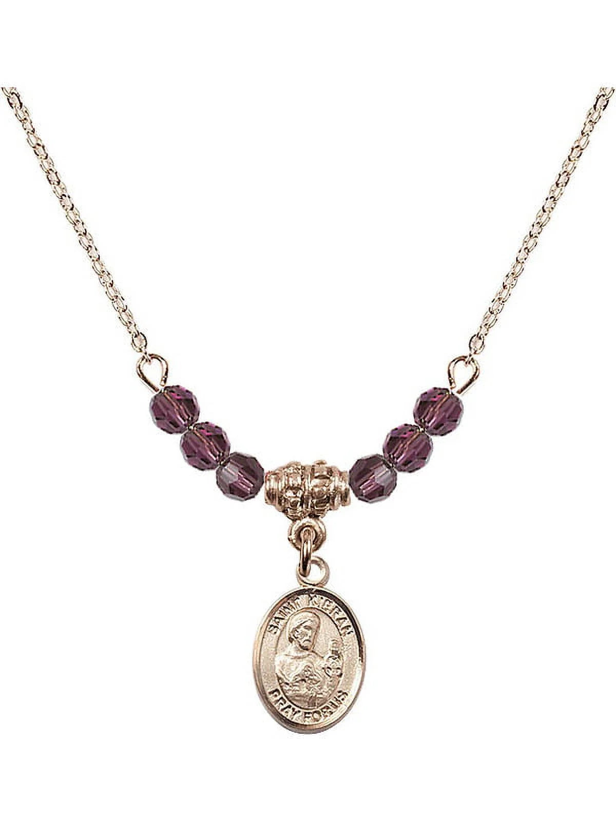 18-Inch Hamilton Gold Plated Necklace with 4mm Purple February Birth Month Stone Beads and Saint Kieran Charm