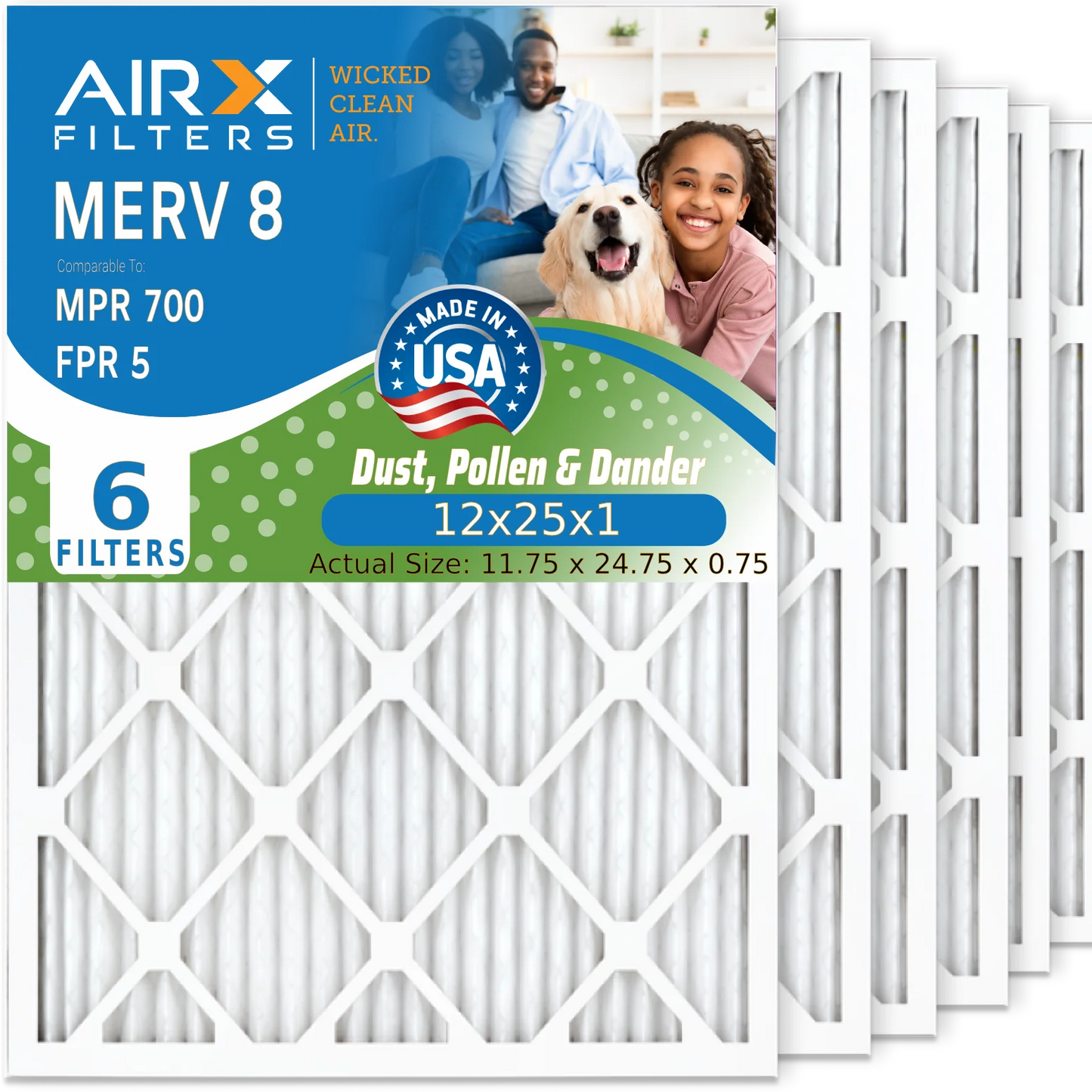 12x25x1 Air Filter MERV 8 Comparable to MPR 700 & FPR 5 Electrostatic Pleated Air Conditioner Filter 6 Pack HVAC AC Premium USA Made 12x25x1 Furnace Filters by AIRX FILTERS WICKED CLEAN AIR.