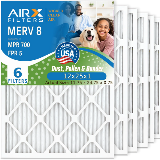 12x25x1 Air Filter MERV 8 Comparable to MPR 700 & FPR 5 Electrostatic Pleated Air Conditioner Filter 6 Pack HVAC AC Premium USA Made 12x25x1 Furnace Filters by AIRX FILTERS WICKED CLEAN AIR.