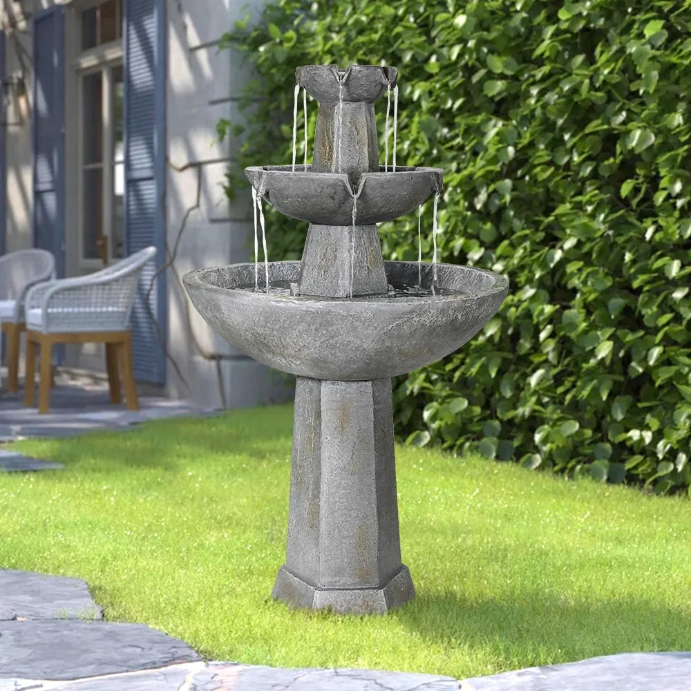 3 Tier Freestanding Liquid Fountain, 43.3in H Outdoor Fountain with Bird Bath Decor for Garden Patio Backyard Deck Home Lawn Porch